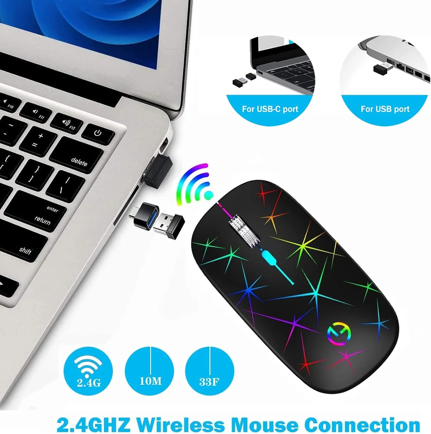 TaIYanG Wireless Mouse, 2.4G Portable Optical Quiet RGB Mouse with USB Receiver and Type C Adapter, 3 Adjustable DPI Levels, Wireless Computer Mouse for Laptop, Computer, PC, MacBook, Desktop