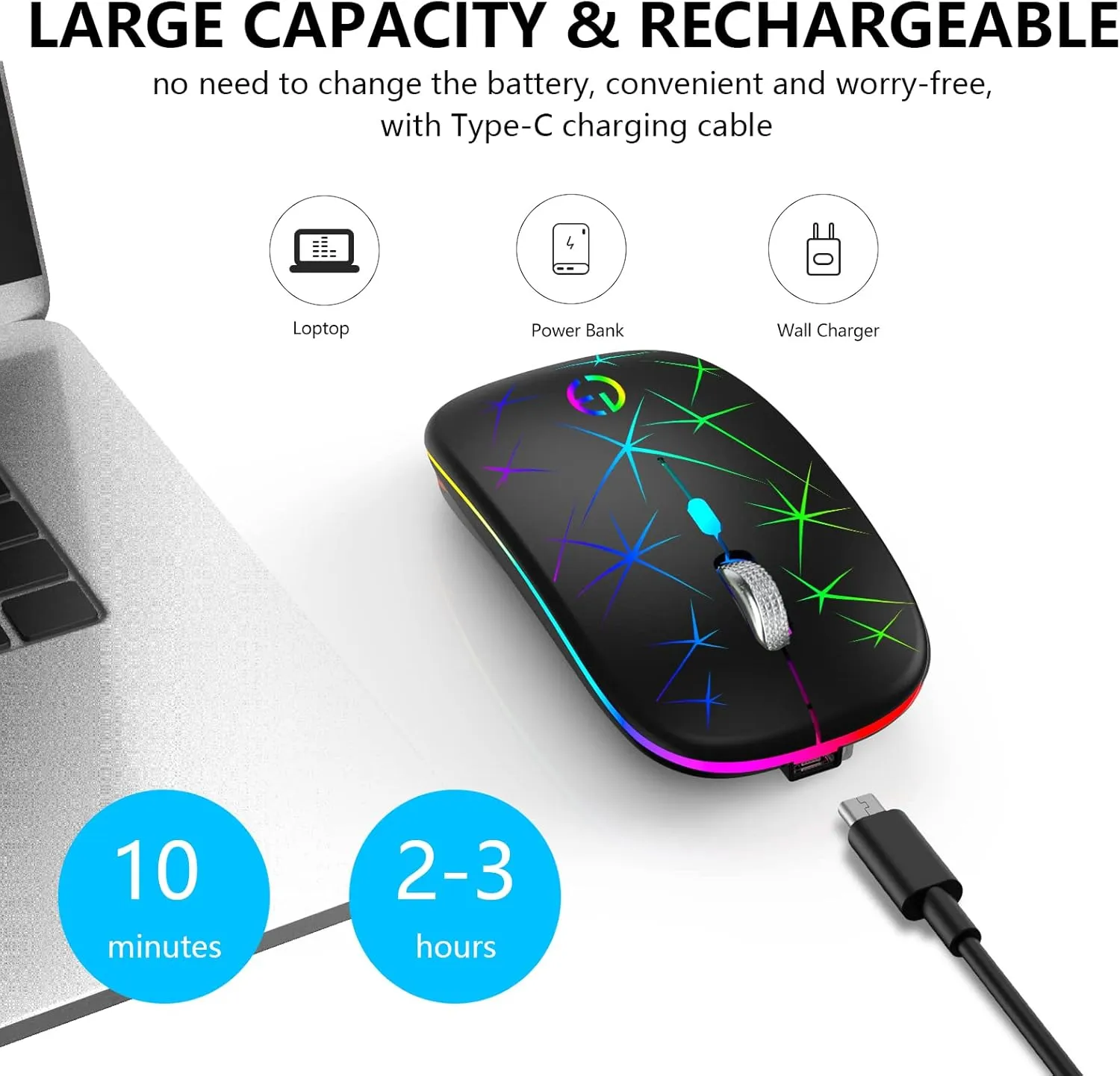 TaIYanG Wireless Mouse, 2.4G Portable Optical Quiet RGB Mouse with USB Receiver and Type C Adapter, 3 Adjustable DPI Levels, Wireless Computer Mouse for Laptop, Computer, PC, MacBook, Desktop
