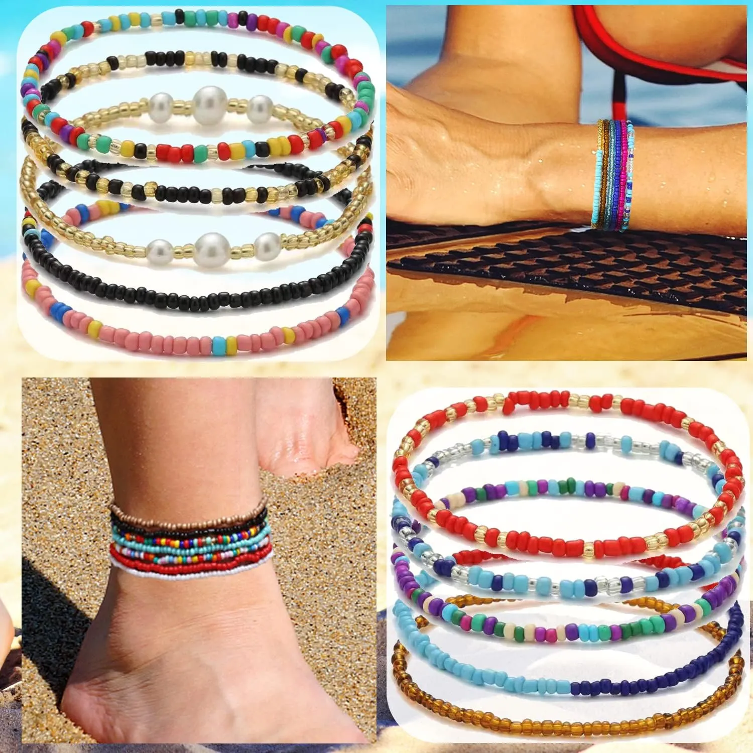 Taouzi Beaded Anklets for Women Handmade Boho Beaded Ankle Bracelets Colorful Beads Foot Anklets for Women
