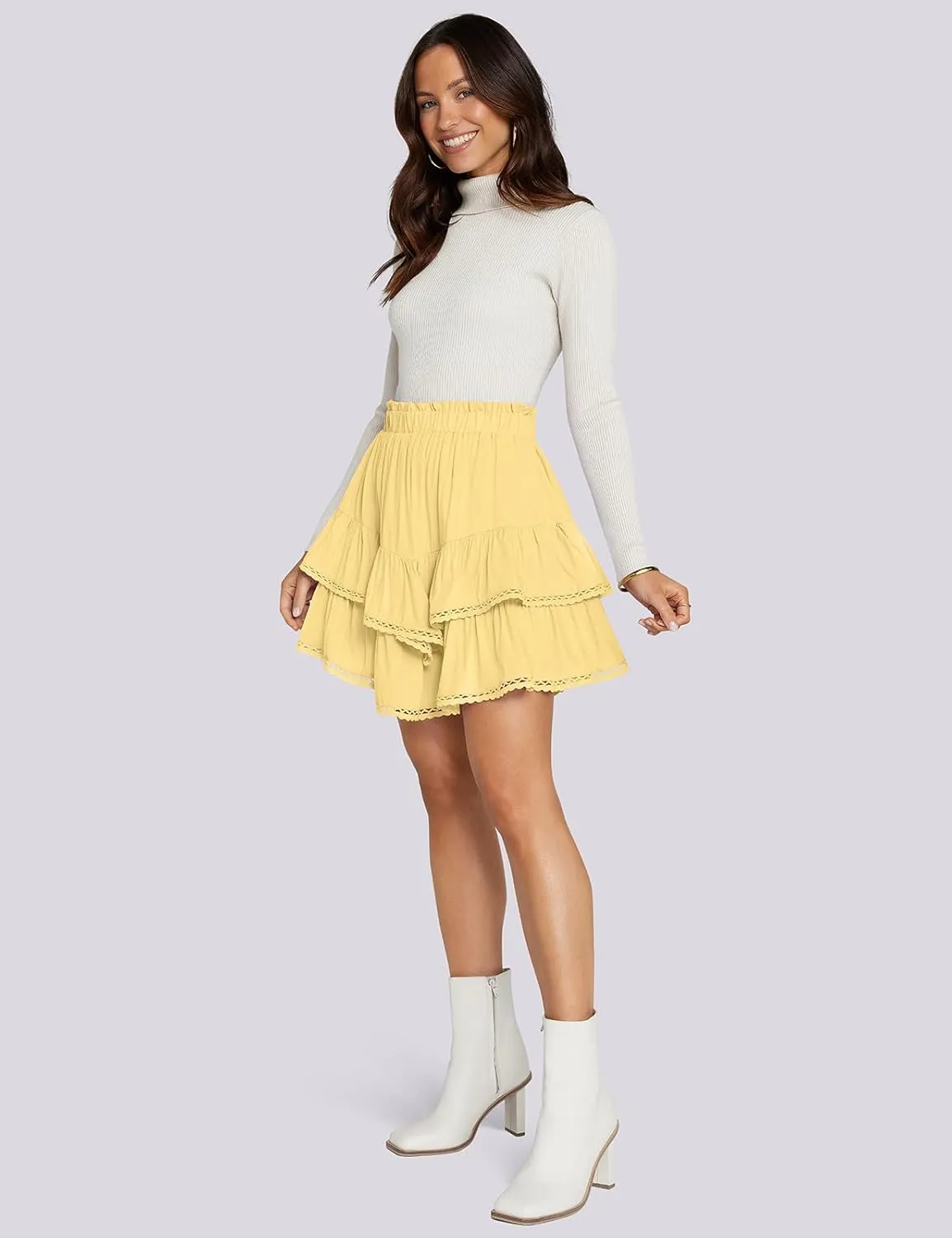 TARSE Womens Flowy Shorts High Waist Pleated Mini Skirts Casual Boho Ruffle Tiered Skorts Cute Versatile Fashion Shorts