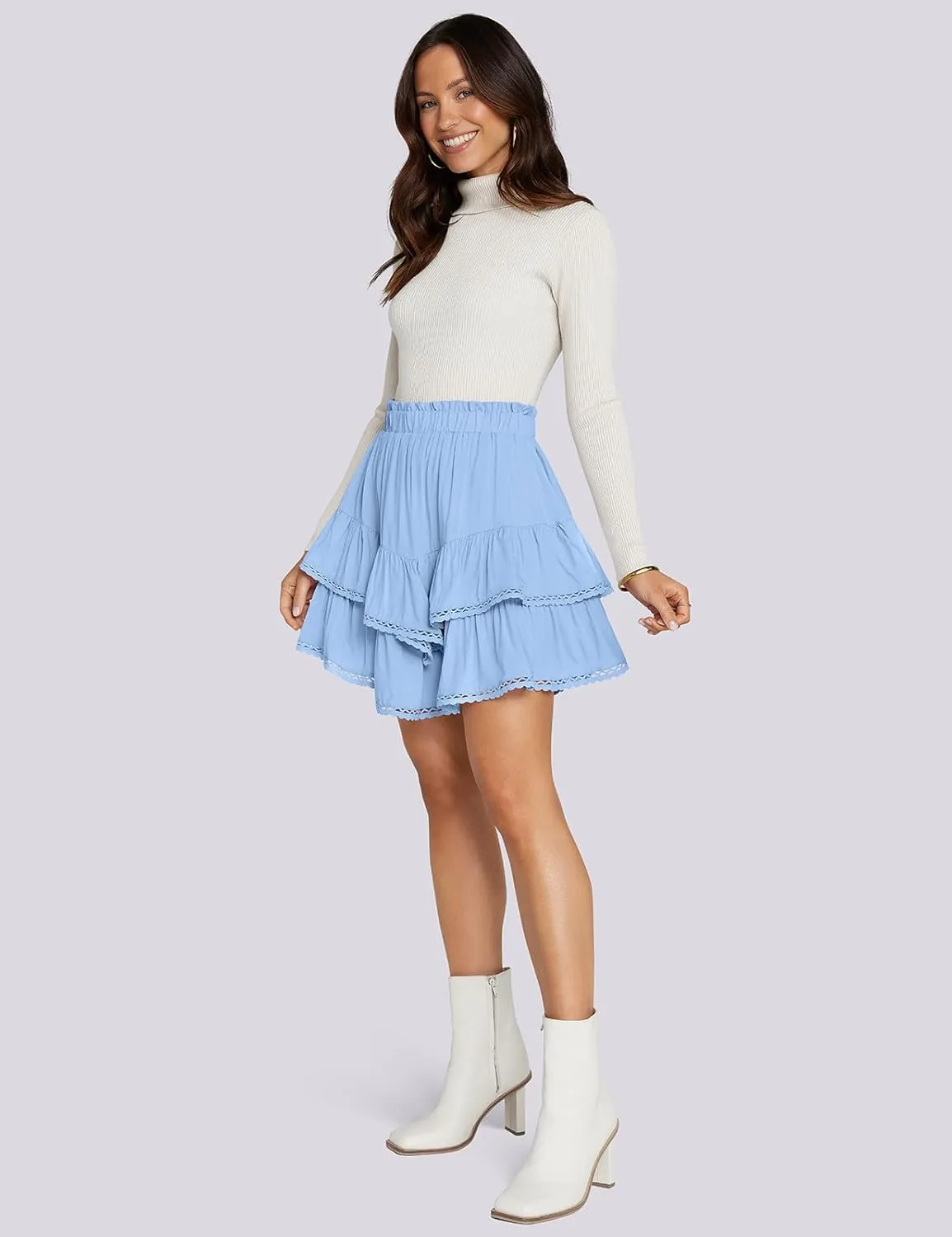 TARSE Womens Flowy Shorts High Waist Pleated Mini Skirts Casual Boho Ruffle Tiered Skorts Cute Versatile Fashion Shorts