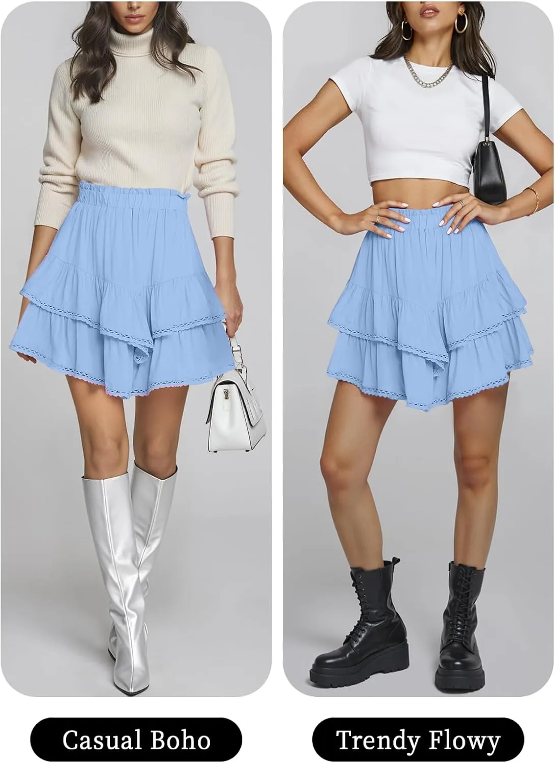 TARSE Womens Flowy Shorts High Waist Pleated Mini Skirts Casual Boho Ruffle Tiered Skorts Cute Versatile Fashion Shorts