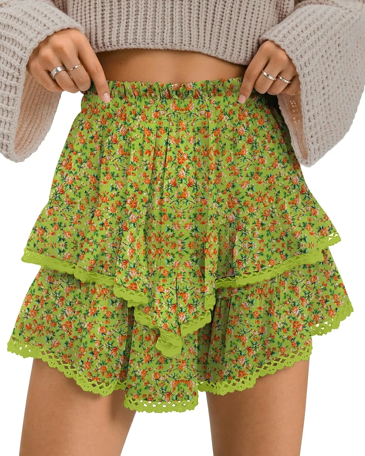 TARSE Womens Flowy Shorts High Waist Pleated Mini Skirts Casual Boho Ruffle Tiered Skorts Cute Versatile Fashion Shorts