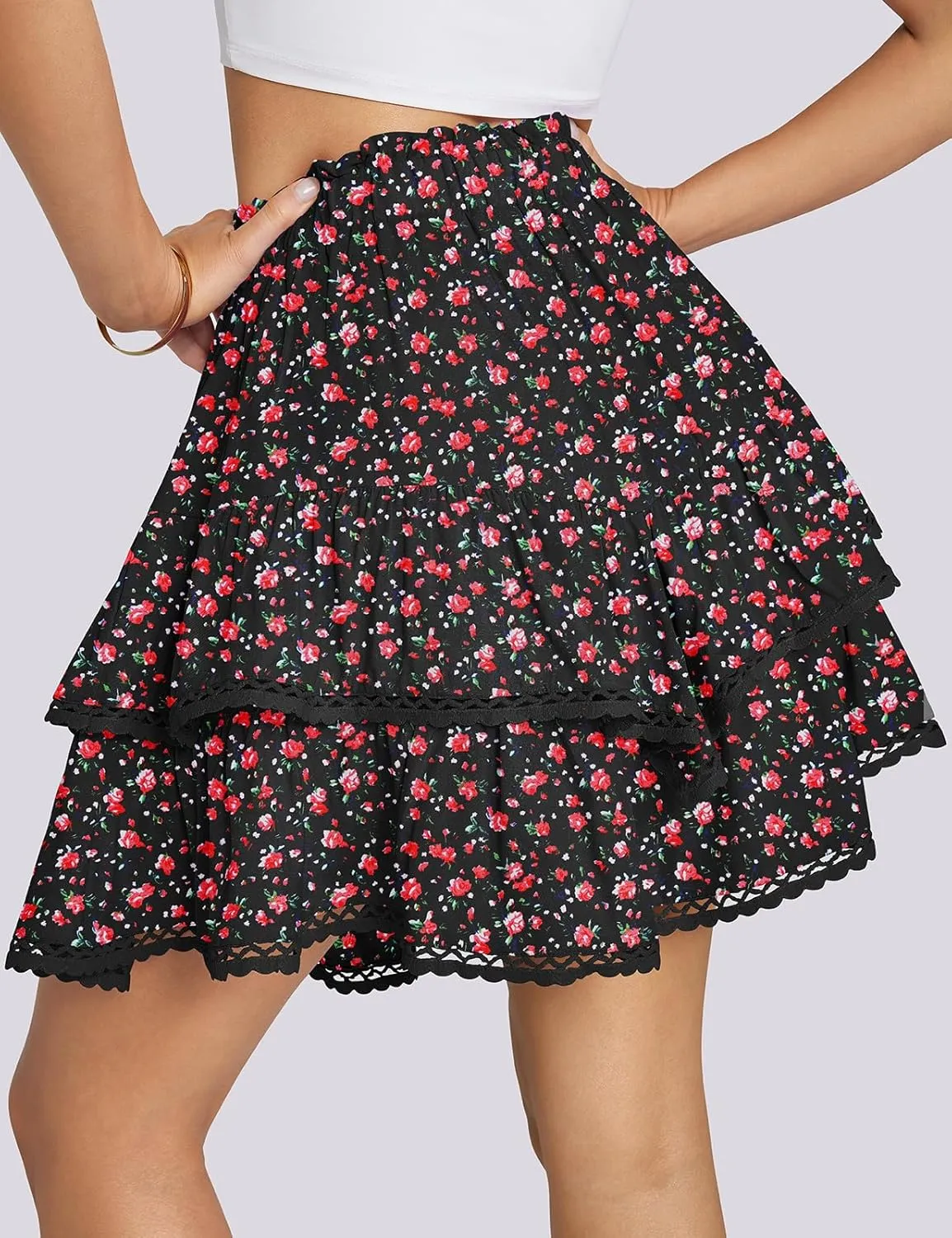 TARSE Womens Flowy Shorts High Waist Pleated Mini Skirts Casual Boho Ruffle Tiered Skorts Cute Versatile Fashion Shorts