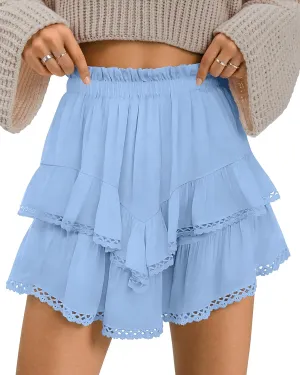 TARSE Womens Flowy Shorts High Waist Pleated Mini Skirts Casual Boho Ruffle Tiered Skorts Cute Versatile Fashion Shorts