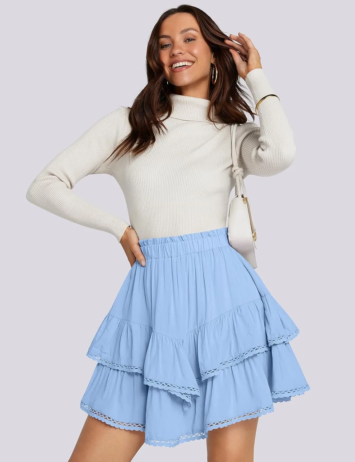 TARSE Womens Flowy Shorts High Waist Pleated Mini Skirts Casual Boho Ruffle Tiered Skorts Cute Versatile Fashion Shorts