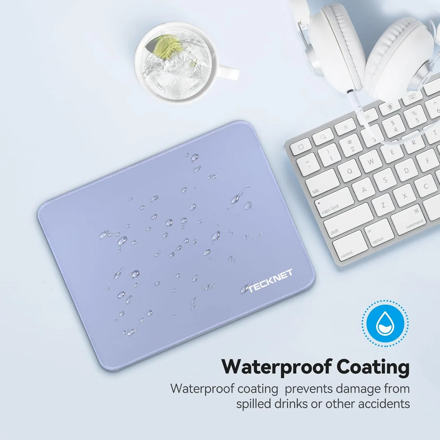 TECKNET Mouse Pad 270 x 210 x 3 mm with Anti-fray Stitchin, Waterproof Surface & Non-Slip Rubber Base with Stitched Edges Gaming Mouse Mat for LaptopCompatible with Laser and Optical Mice - LT.Blue