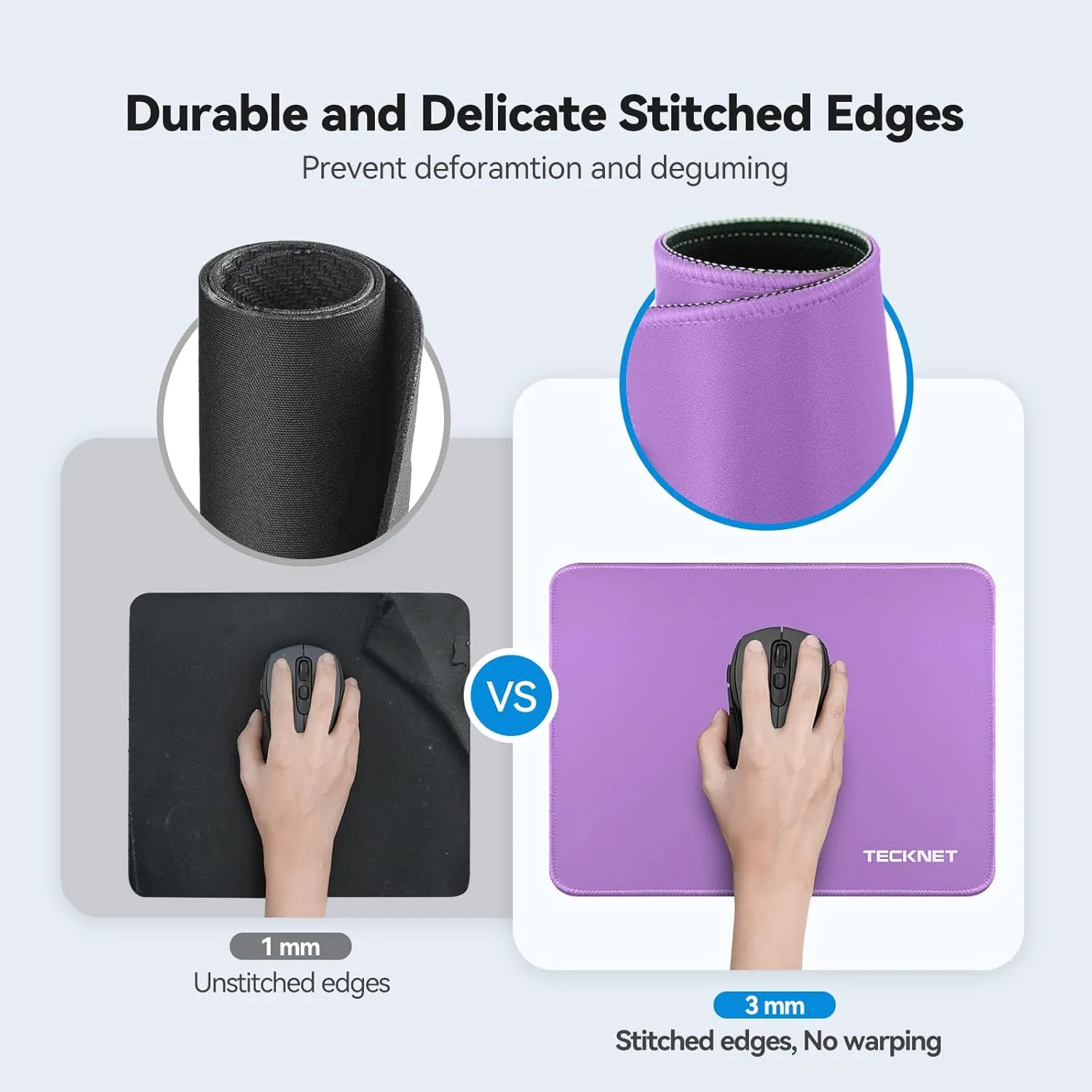 TECKNET Mouse Pad with Anti-fray Stitchin, Waterproof Surface & Non-Slip Rubber Base with Stitched Edges Gaming Mouse Mat for LaptopCompatible with Laser and Optical Mice - Purple