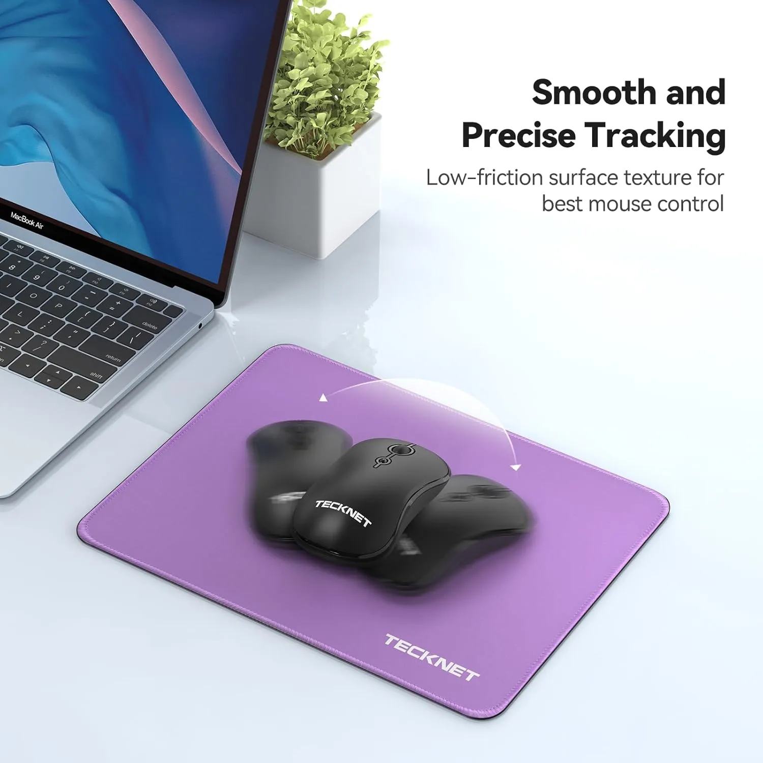 TECKNET Mouse Pad with Anti-fray Stitchin, Waterproof Surface & Non-Slip Rubber Base with Stitched Edges Gaming Mouse Mat for LaptopCompatible with Laser and Optical Mice - Purple