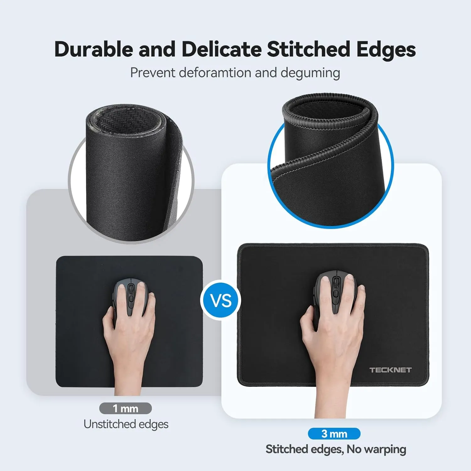 TECKNET Mouse Pad with Anti-fray Stitching, Waterproof Surface & Non-Slip Rubber Base with Stitched Edges Gaming Mouse Mat for LaptopCompatible with Laser and Optical Mice - Black