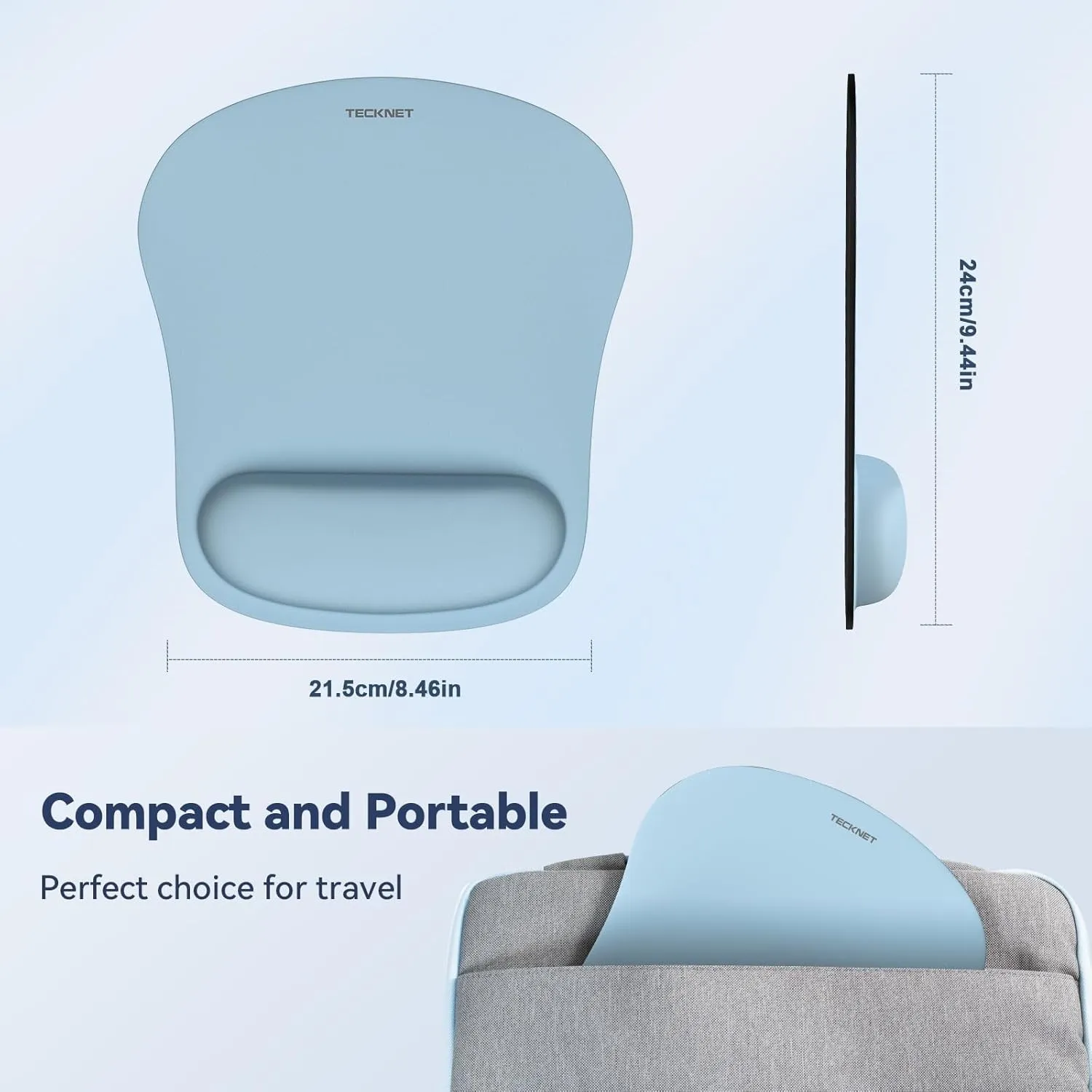 TECKNET Mouse Pad with Wrist Support, Ergonomic Gaming Mouse Pad Pain Relief, Portable Comfortable Mousepad for Computer, Laptop, Office, Home and Travel, Non-Slip Base, Waterproof Surface, Blue Gray