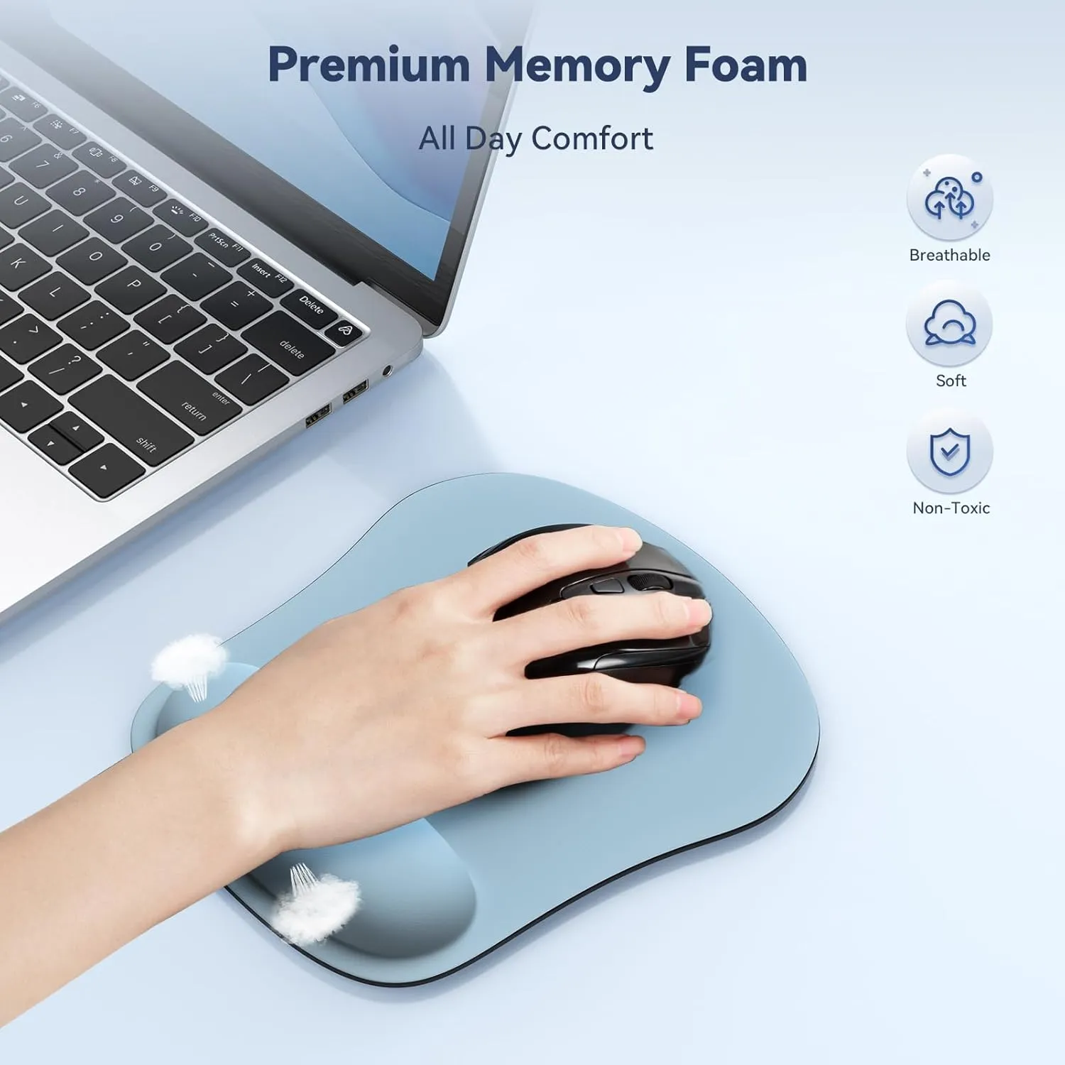TECKNET Mouse Pad with Wrist Support, Ergonomic Gaming Mouse Pad Pain Relief, Portable Comfortable Mousepad for Computer, Laptop, Office, Home and Travel, Non-Slip Base, Waterproof Surface, Blue Gray