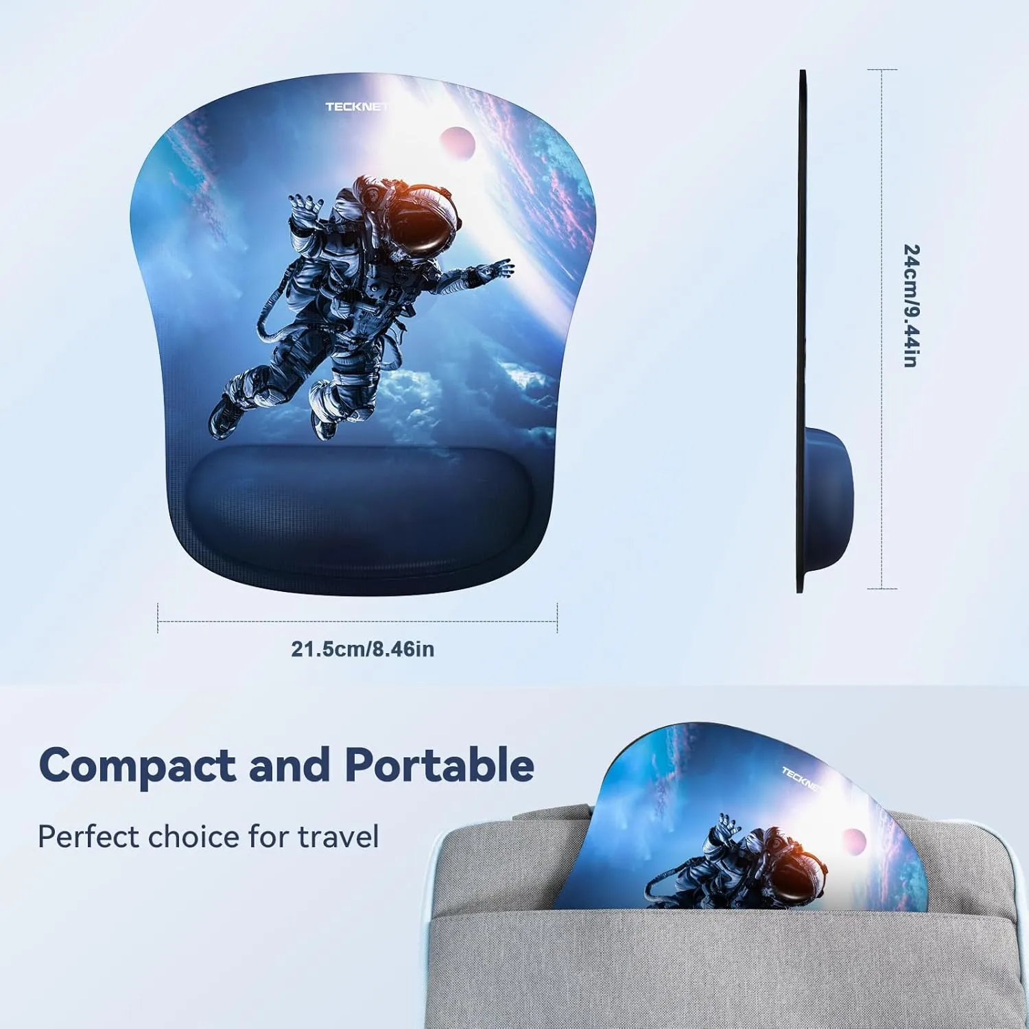 TECKNET Mouse Pad with Wrist Support, Ergonomic Gaming Mouse Pad Pain Relief, Portable Comfortable Mousepad for Computer, Laptop, Office, Home - Non-Slip Base, Waterproof Surface - Blue Astronaut