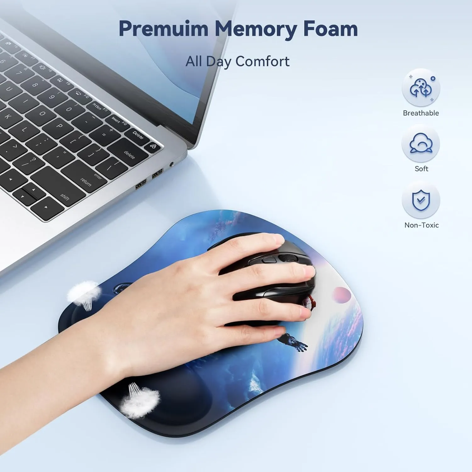 TECKNET Mouse Pad with Wrist Support, Ergonomic Gaming Mouse Pad Pain Relief, Portable Comfortable Mousepad for Computer, Laptop, Office, Home - Non-Slip Base, Waterproof Surface - Blue Astronaut