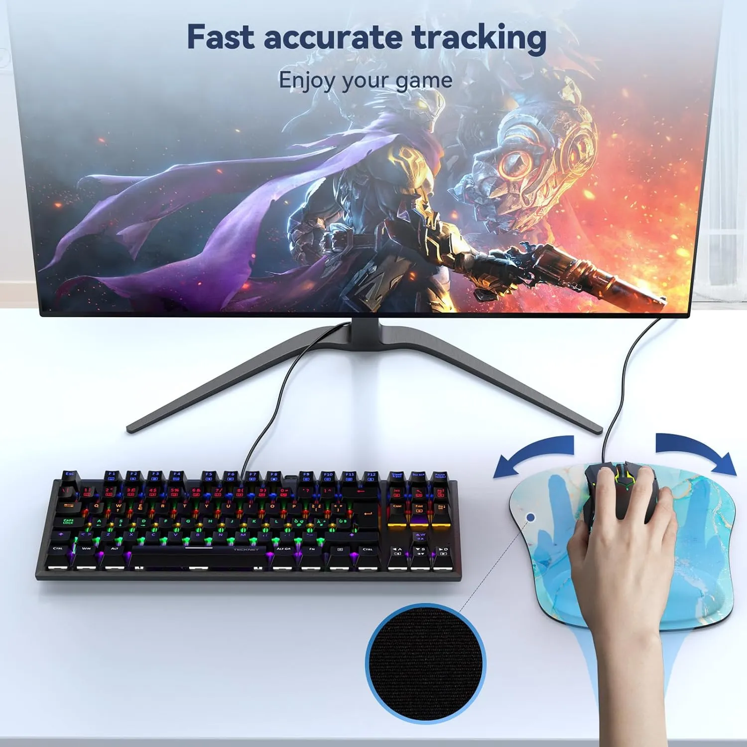 TECKNET Mouse Pad with Wrist Support, Ergonomic Gaming Mouse Pad Pain Relief, Portable Comfortable Mousepad for Computer, Laptop, Office, Home Non-Slip Base, Waterproof Surface - Blue Gold
