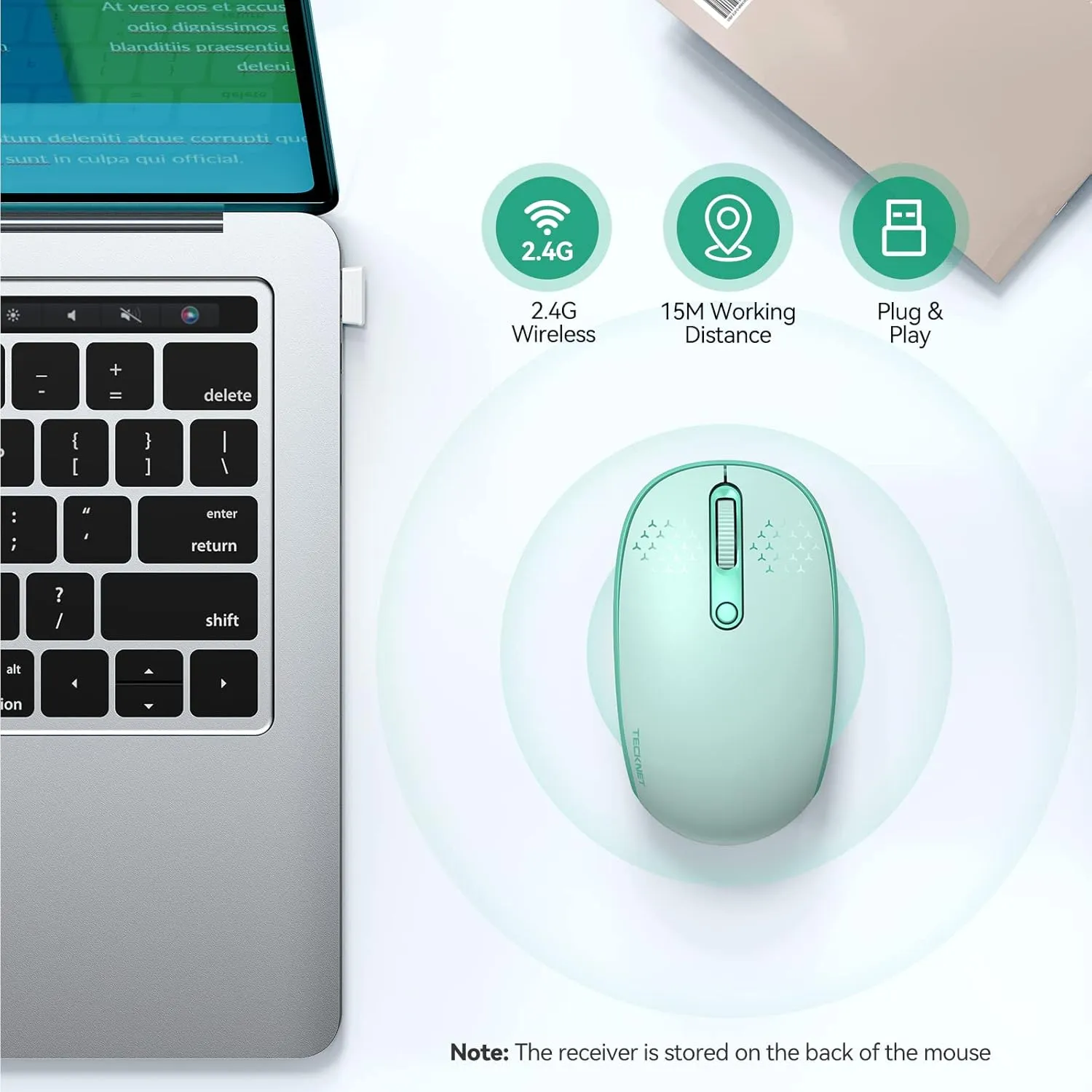 TECKNET Wireless Mouse for Laptop, 2.4G Quiet Computer Mouse with USB Receiver, 4 Buttons Portable Cordless Mice for Chromebook, Laptop, PC, Mac, 800/1200/1600 DPI - Mint Green
