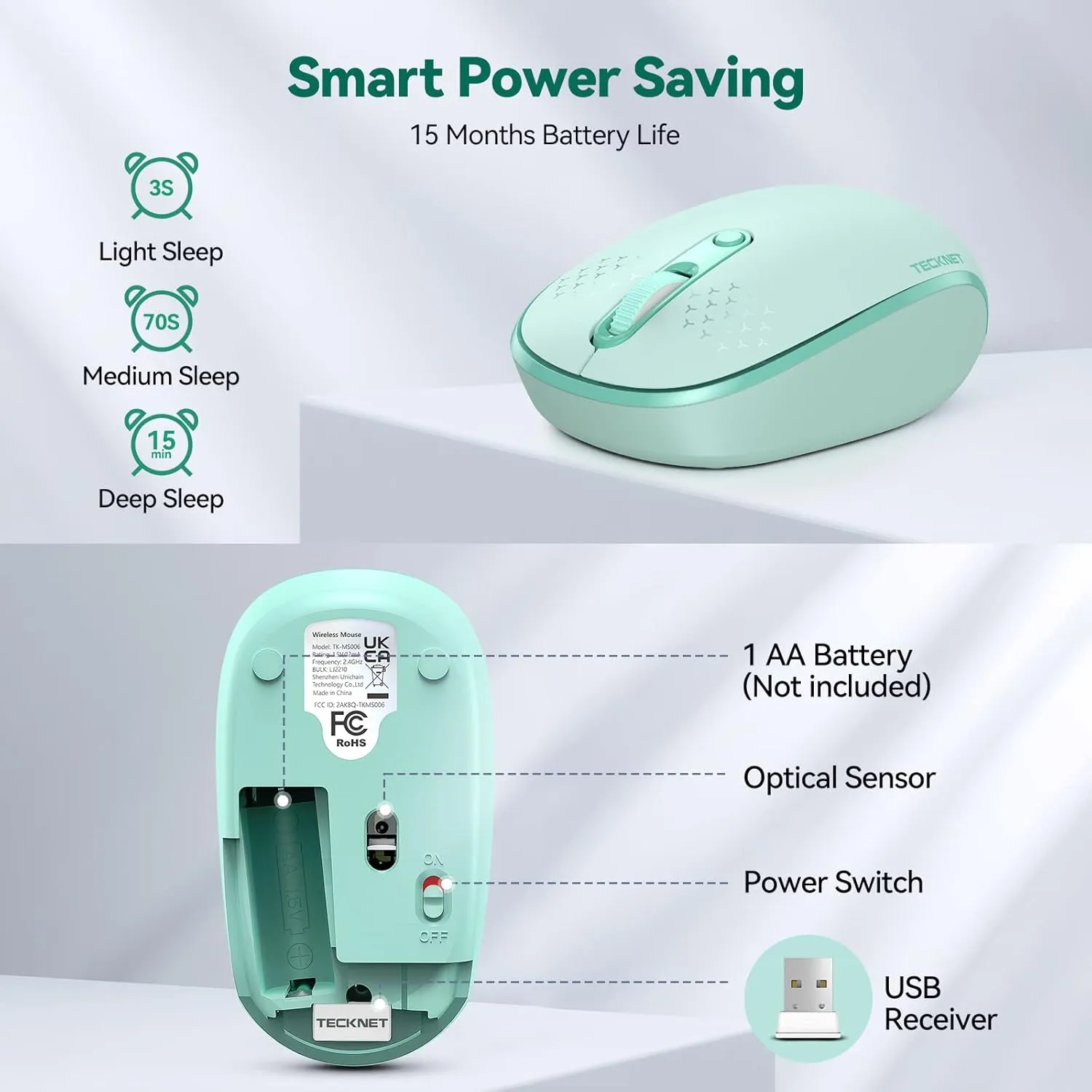 TECKNET Wireless Mouse for Laptop, 2.4G Quiet Computer Mouse with USB Receiver, 4 Buttons Portable Cordless Mice for Chromebook, Laptop, PC, Mac, 800/1200/1600 DPI - Mint Green