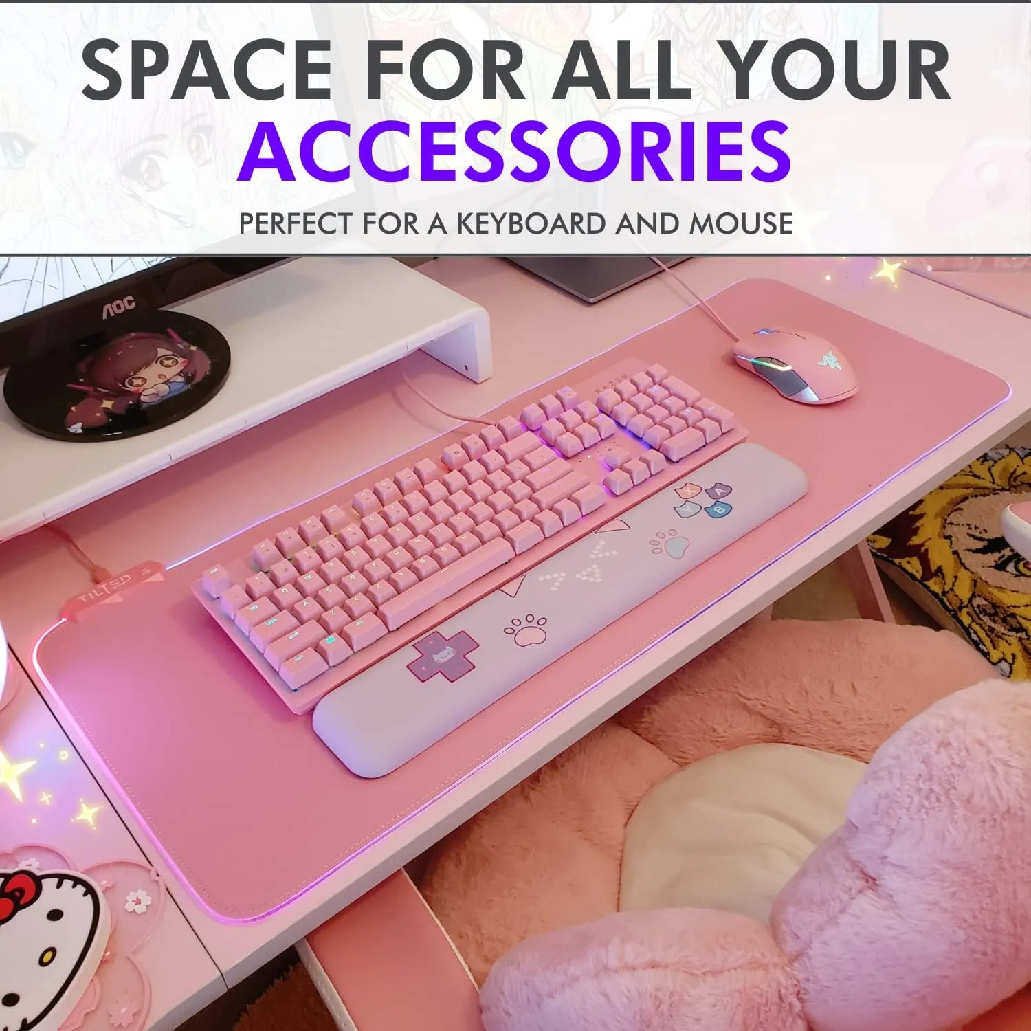 Tilted Nation Pink Mouse Pad | RGB Gaming Mouse Pad Pink (Create Your Dream Setup) Large LED Mousepad Mats for Desk with 8 Light Modes, Smooth Gliding, and Easy to Clean - Girl Gaming Accessories