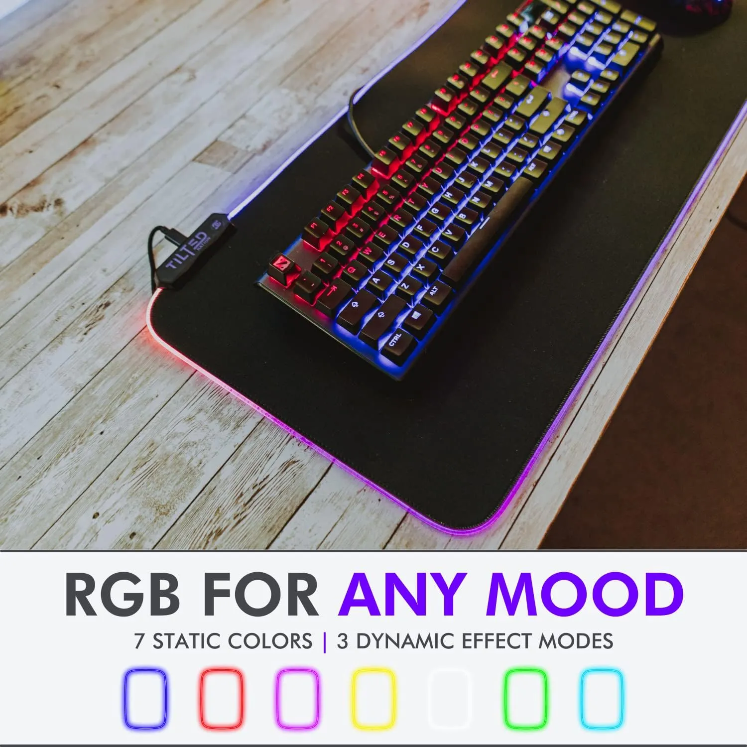 Tilted Nation RGB Mouse Pad - Large LED Gaming Mat with 8 Adjustable Light Modes - Non Slip Rubber Base, Easy to Clean Water Proof Surface