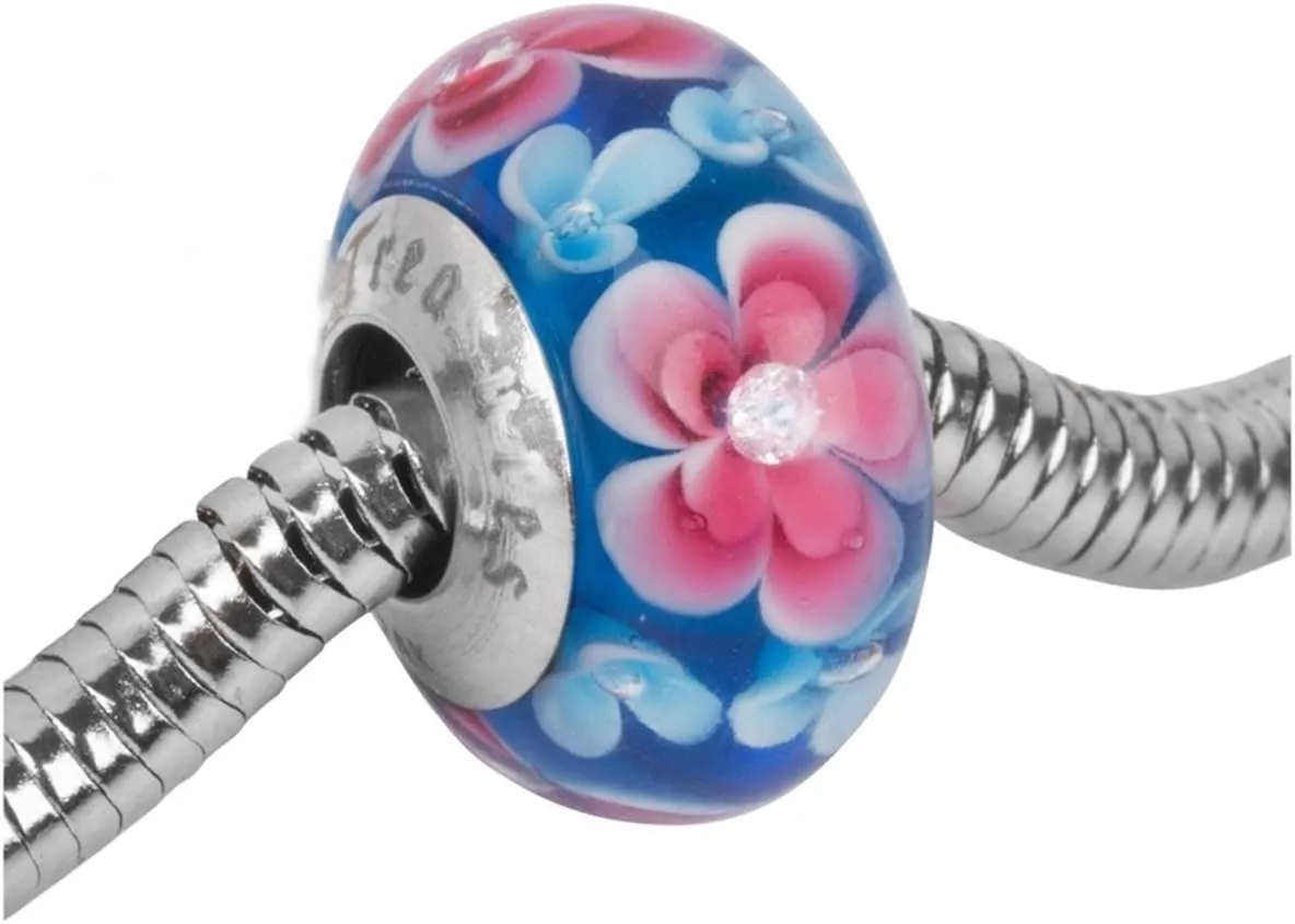 Timeline Treasures Pink Plumeria Rhinestone Flower Charm for European Charm Bracelets Lampwork Glass Stainless Steel