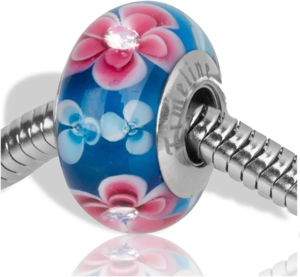 Timeline Treasures Pink Plumeria Rhinestone Flower Charm for European Charm Bracelets Lampwork Glass Stainless Steel