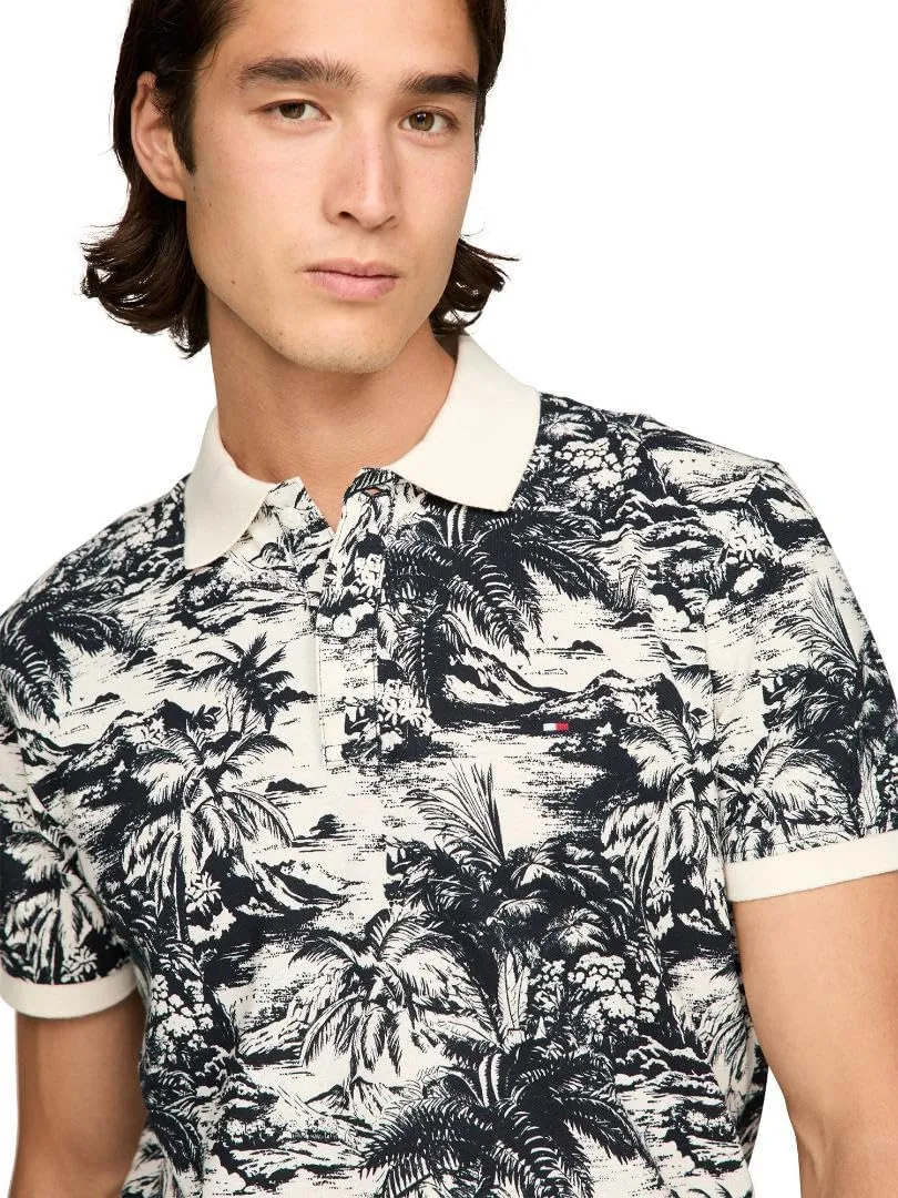 Tommy Hilfiger Men's Short Sleeve Linen Polo Shirts in Regular Fit with Tropical Print Designs