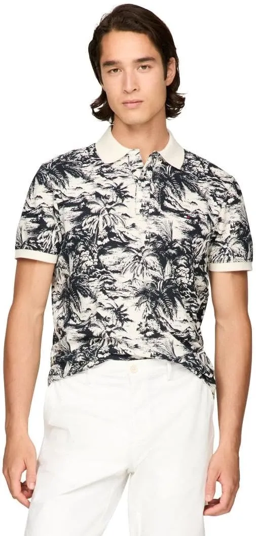 Tommy Hilfiger Men's Short Sleeve Linen Polo Shirts in Regular Fit with Tropical Print Designs