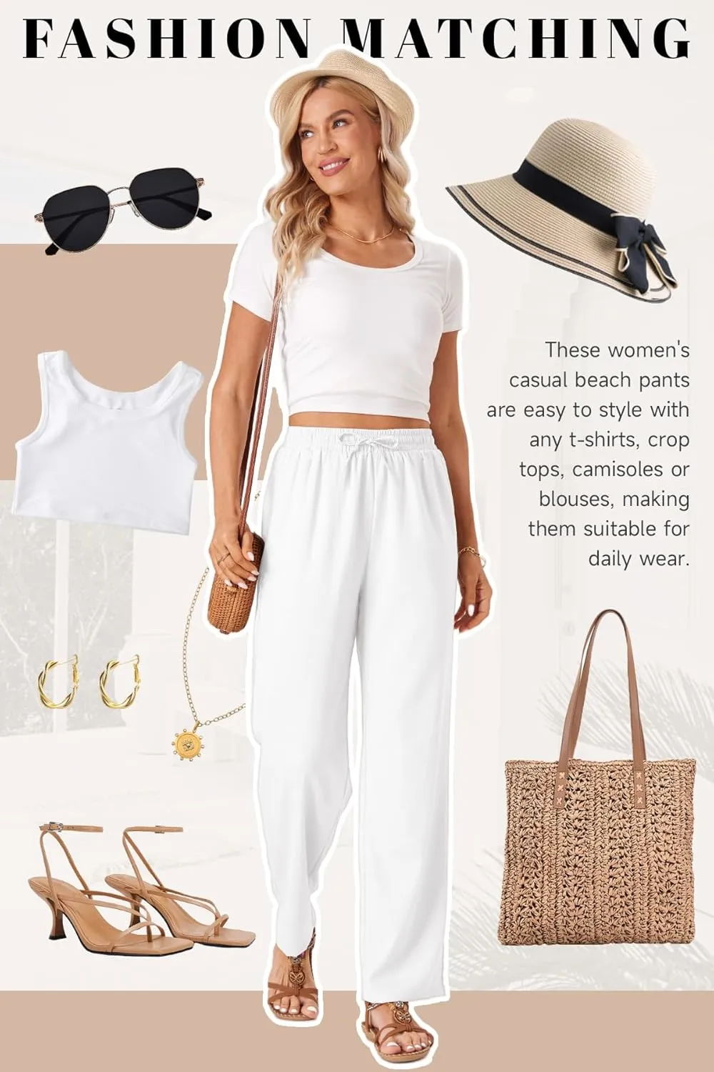 TOPYOGAS Womens High Waist Drawstring Stretch Casual Pants Summer Loose Pants Straight Trousers with Pockets