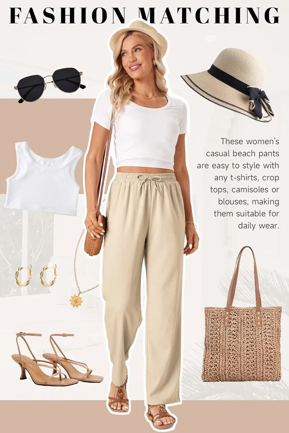 TOPYOGAS Womens High Waist Drawstring Stretch Casual Pants Summer Loose Pants Straight Trousers with Pockets