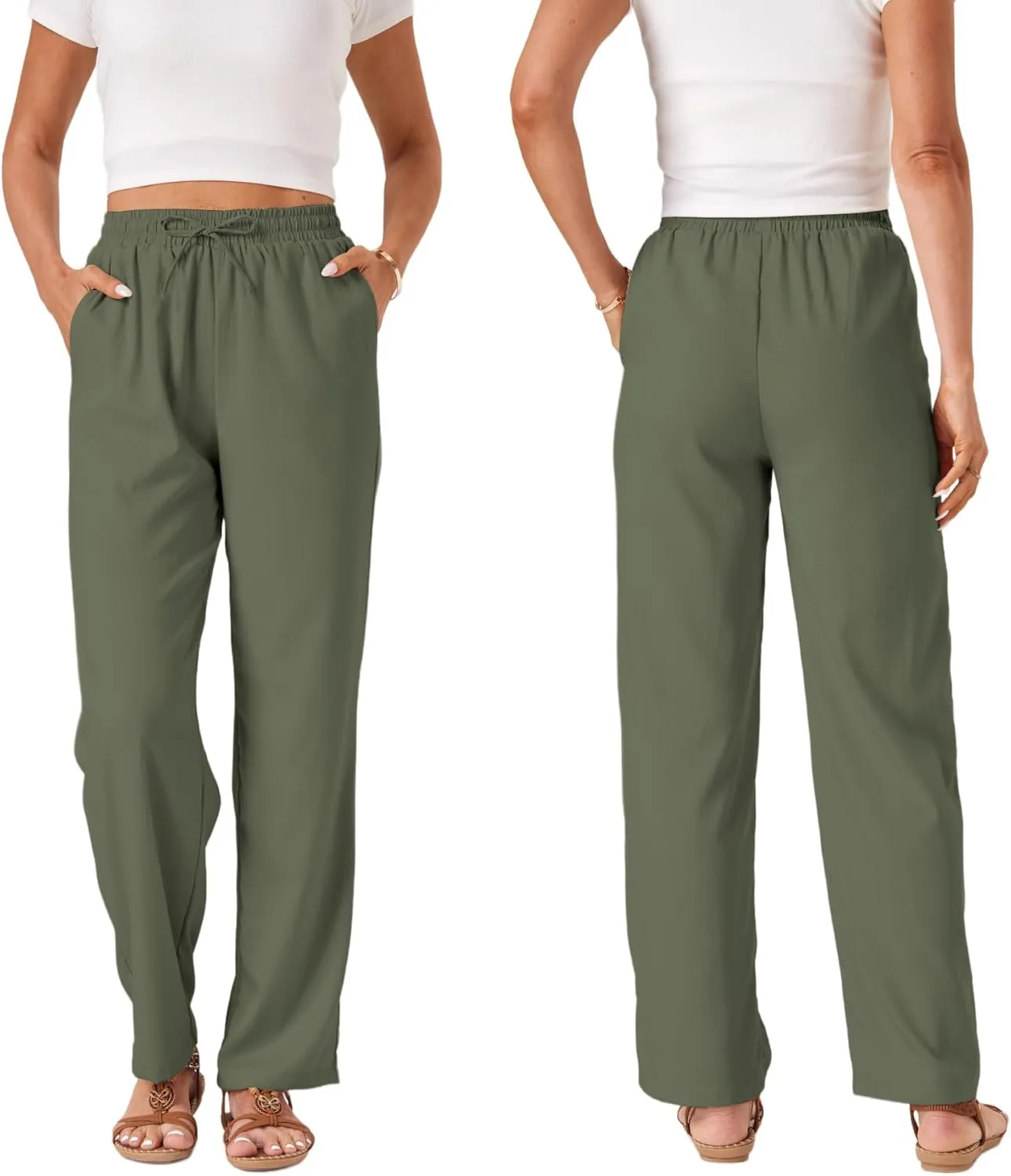 TOPYOGAS Womens High Waist Drawstring Stretch Casual Pants Summer Loose Pants Straight Trousers with Pockets