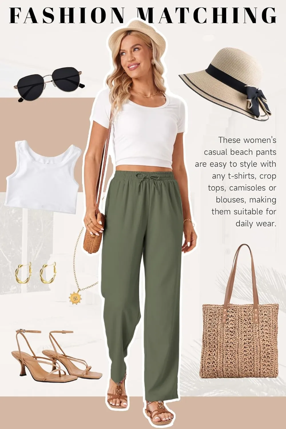 TOPYOGAS Womens High Waist Drawstring Stretch Casual Pants Summer Loose Pants Straight Trousers with Pockets