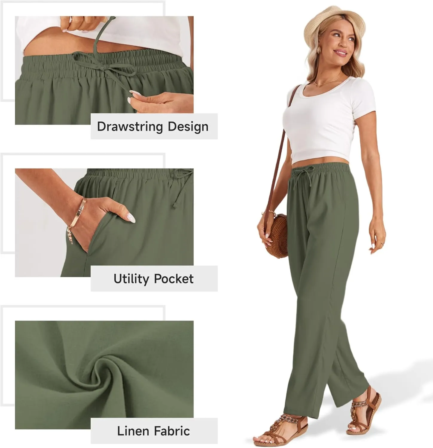 TOPYOGAS Womens High Waist Drawstring Stretch Casual Pants Summer Loose Pants Straight Trousers with Pockets