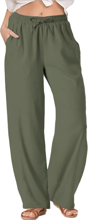 TOPYOGAS Womens High Waist Drawstring Stretch Casual Pants Summer Loose Pants Straight Trousers with Pockets
