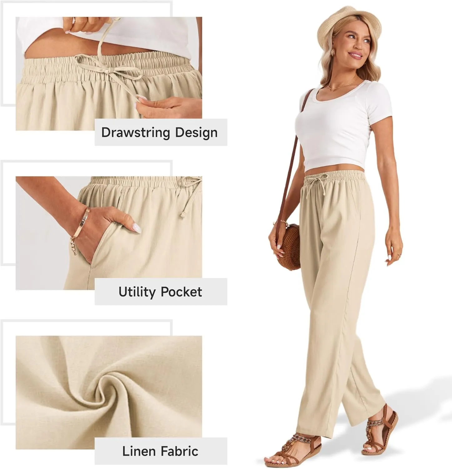 TOPYOGAS Womens High Waist Drawstring Stretch Casual Pants Summer Loose Pants Straight Trousers with Pockets