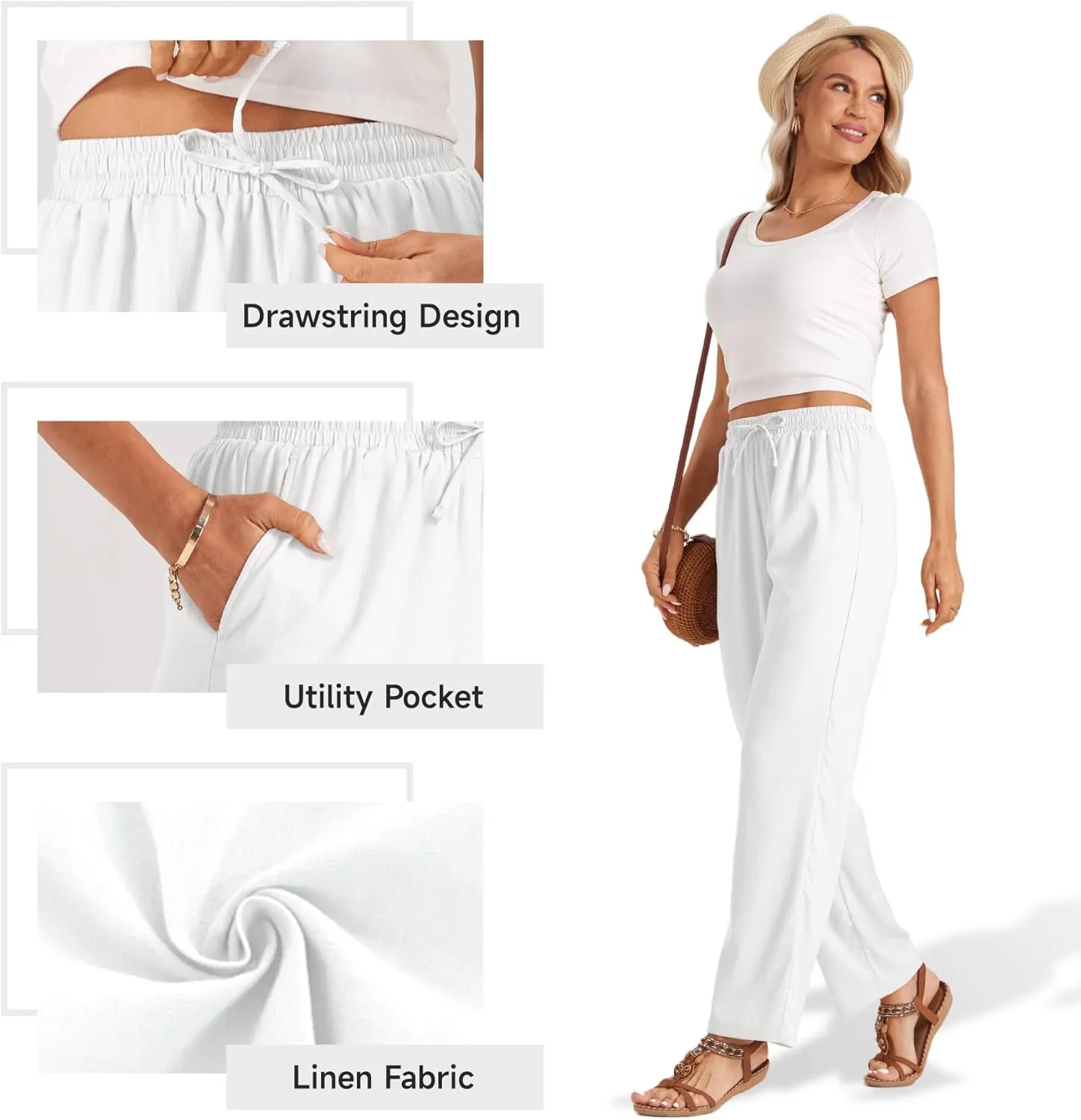 TOPYOGAS Womens High Waist Drawstring Stretch Casual Pants Summer Loose Pants Straight Trousers with Pockets