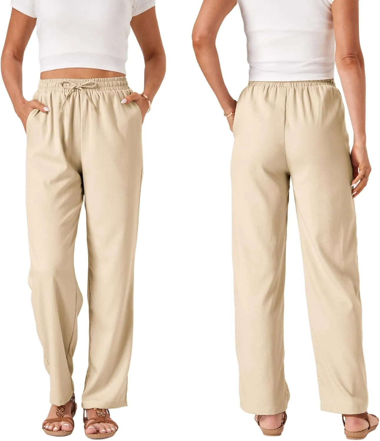 TOPYOGAS Womens High Waist Drawstring Stretch Casual Pants Summer Loose Pants Straight Trousers with Pockets
