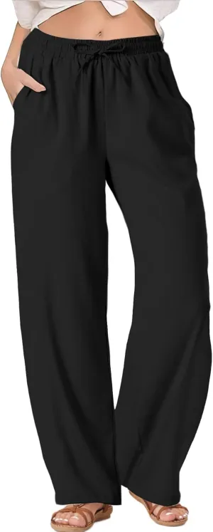 TOPYOGAS Womens High Waist Drawstring Stretch Casual Pants Summer Loose Pants Straight Trousers with Pockets