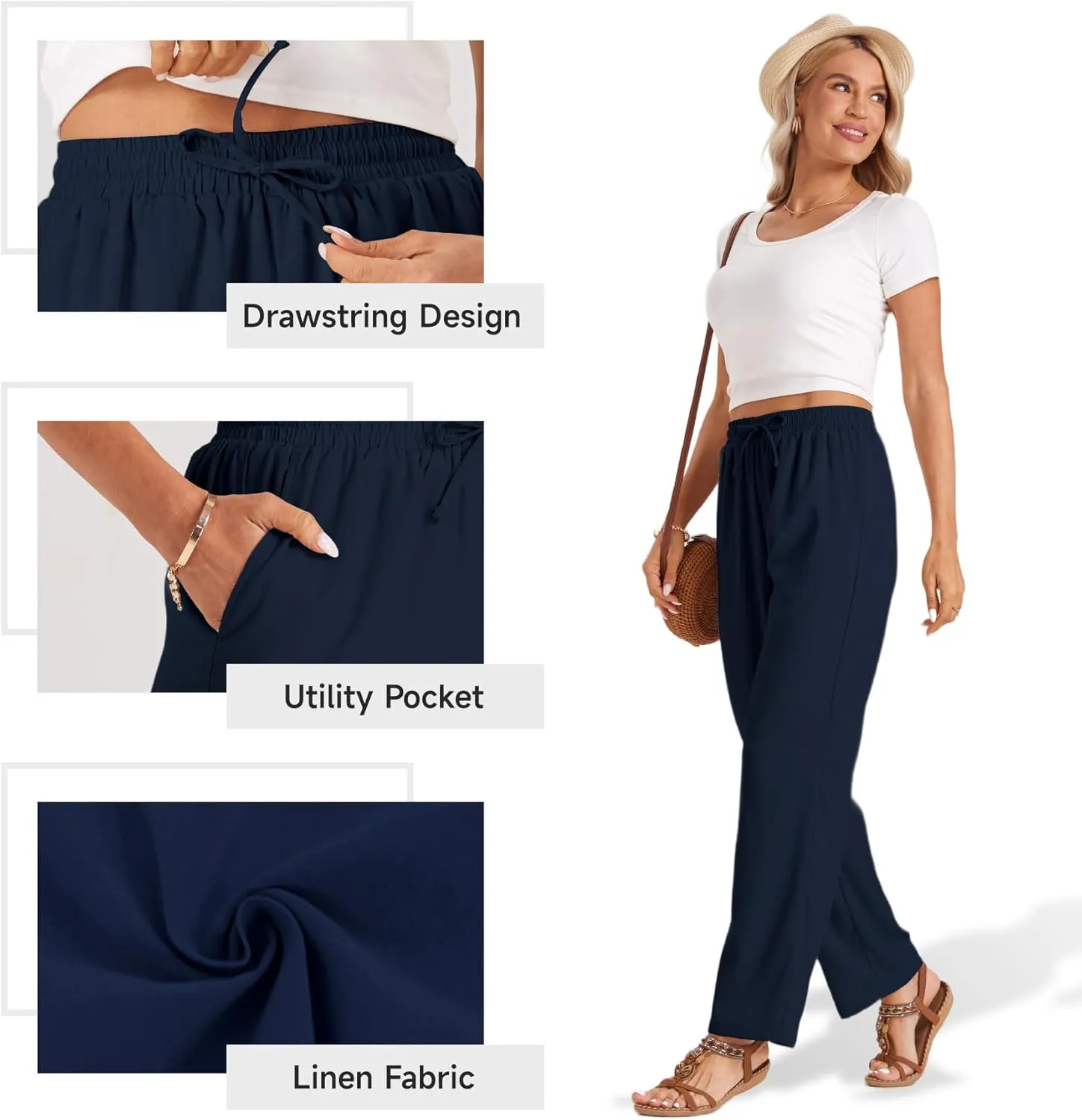 TOPYOGAS Womens High Waist Drawstring Stretch Casual Pants Summer Loose Pants Straight Trousers with Pockets