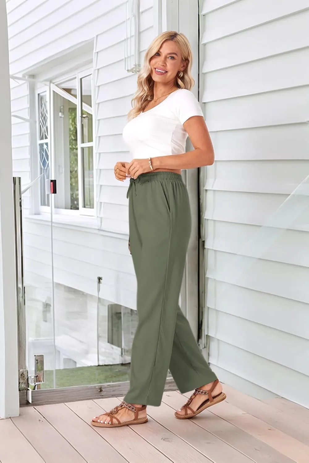 TOPYOGAS Womens High Waist Drawstring Stretch Casual Pants Summer Loose Pants Straight Trousers with Pockets