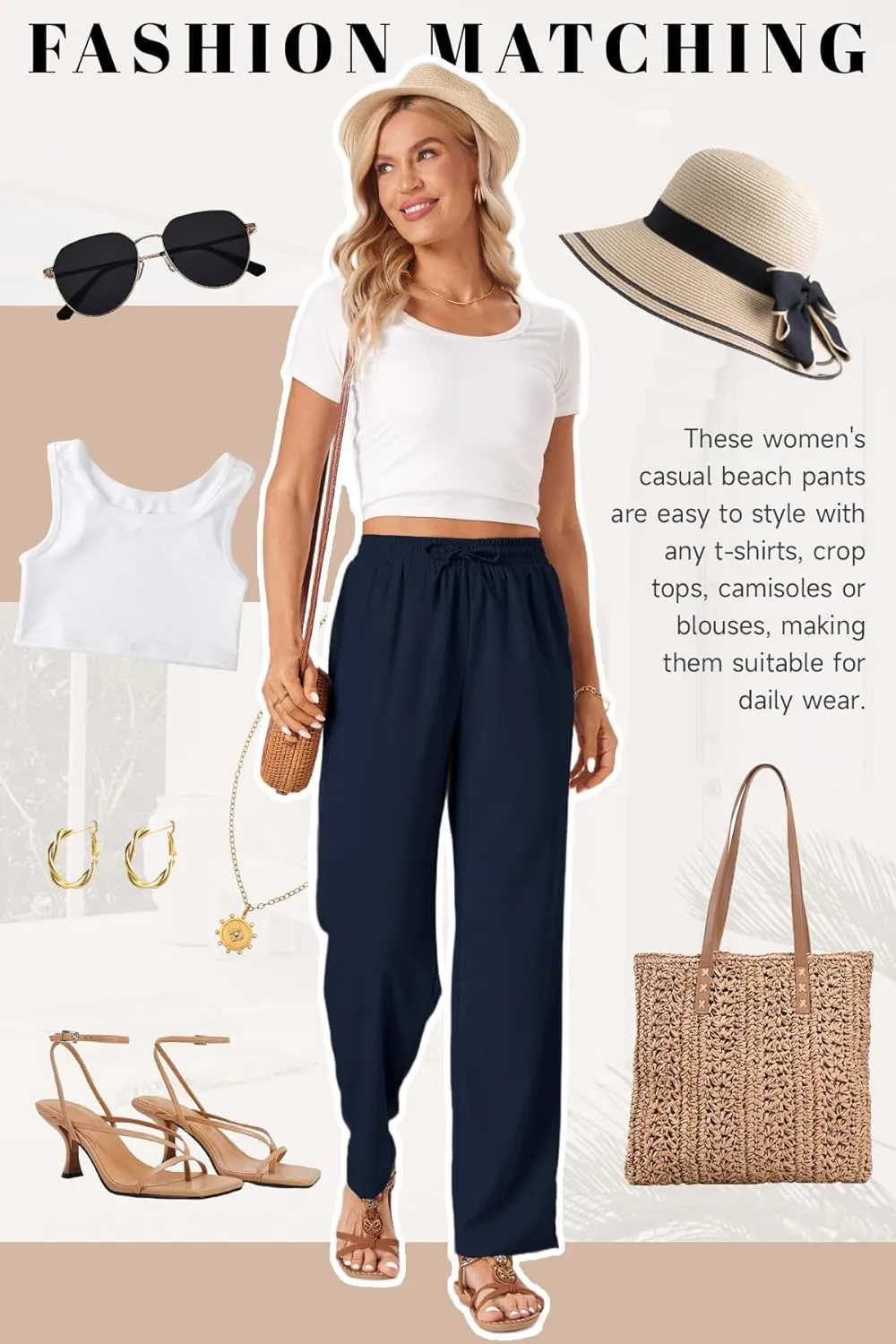TOPYOGAS Womens High Waist Drawstring Stretch Casual Pants Summer Loose Pants Straight Trousers with Pockets