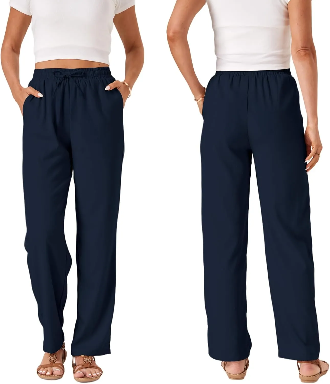 TOPYOGAS Womens High Waist Drawstring Stretch Casual Pants Summer Loose Pants Straight Trousers with Pockets