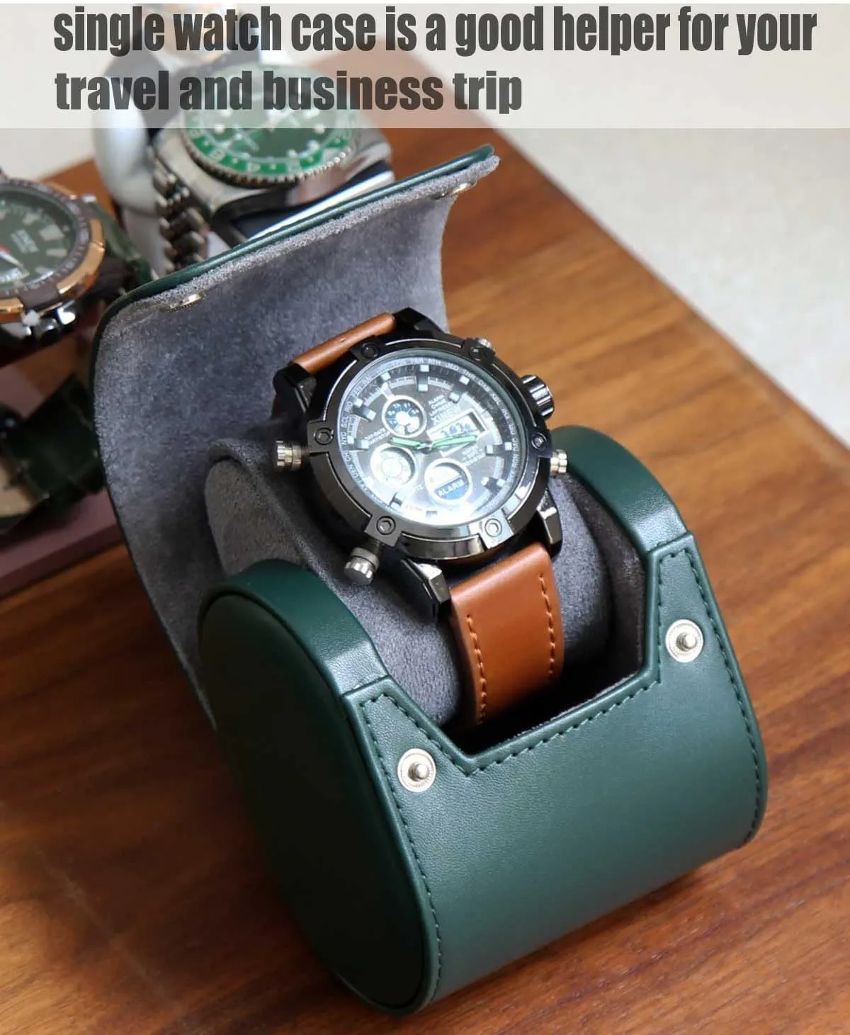 Travel Case, Premium Leather Single Watch Case, Variable Size Pillow Design, Portable Storage Box for Men and Women, Green Roll Organizer With Faux Suede Fabric Lining