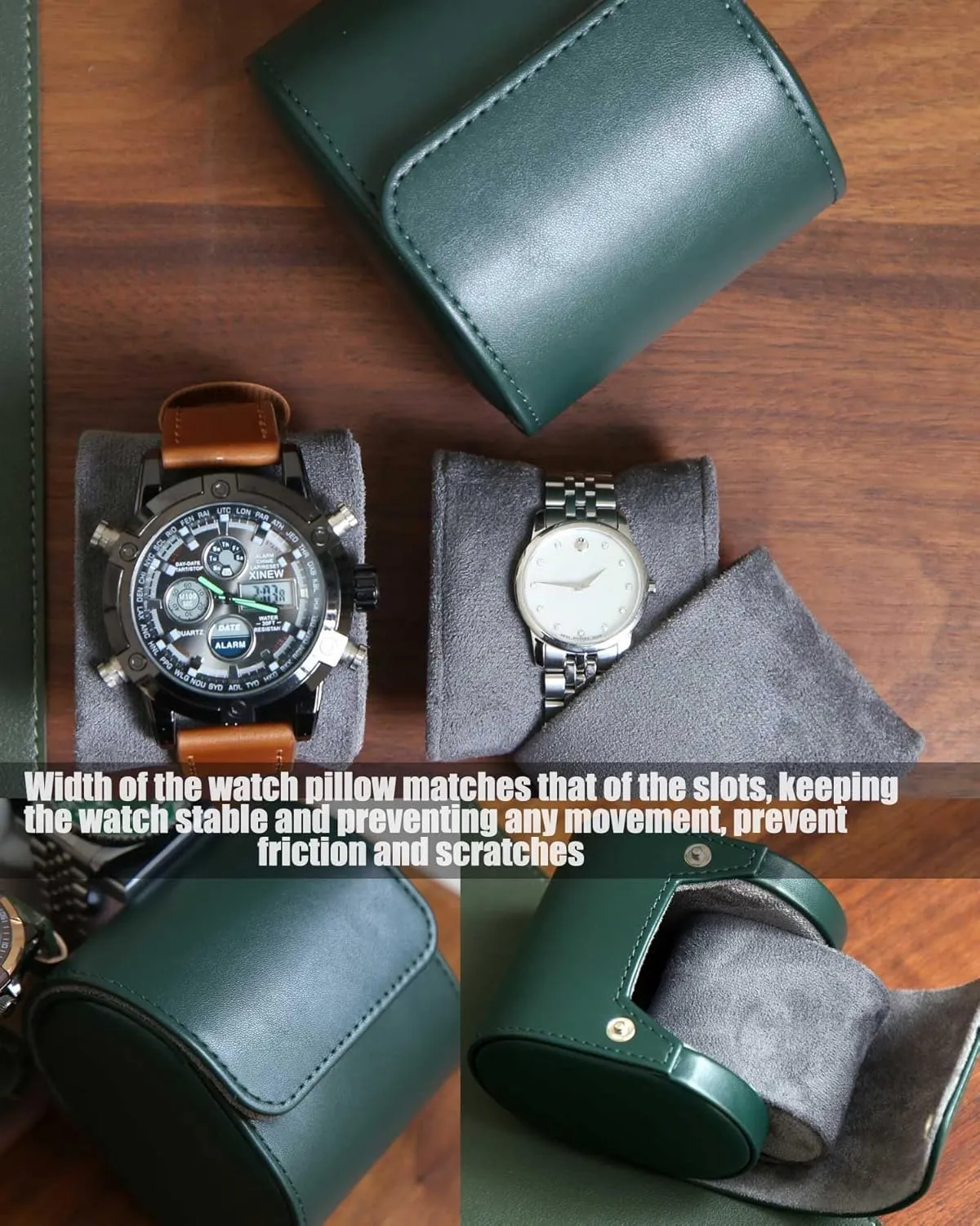 Travel Case, Premium Leather Single Watch Case, Variable Size Pillow Design, Portable Storage Box for Men and Women, Green Roll Organizer With Faux Suede Fabric Lining