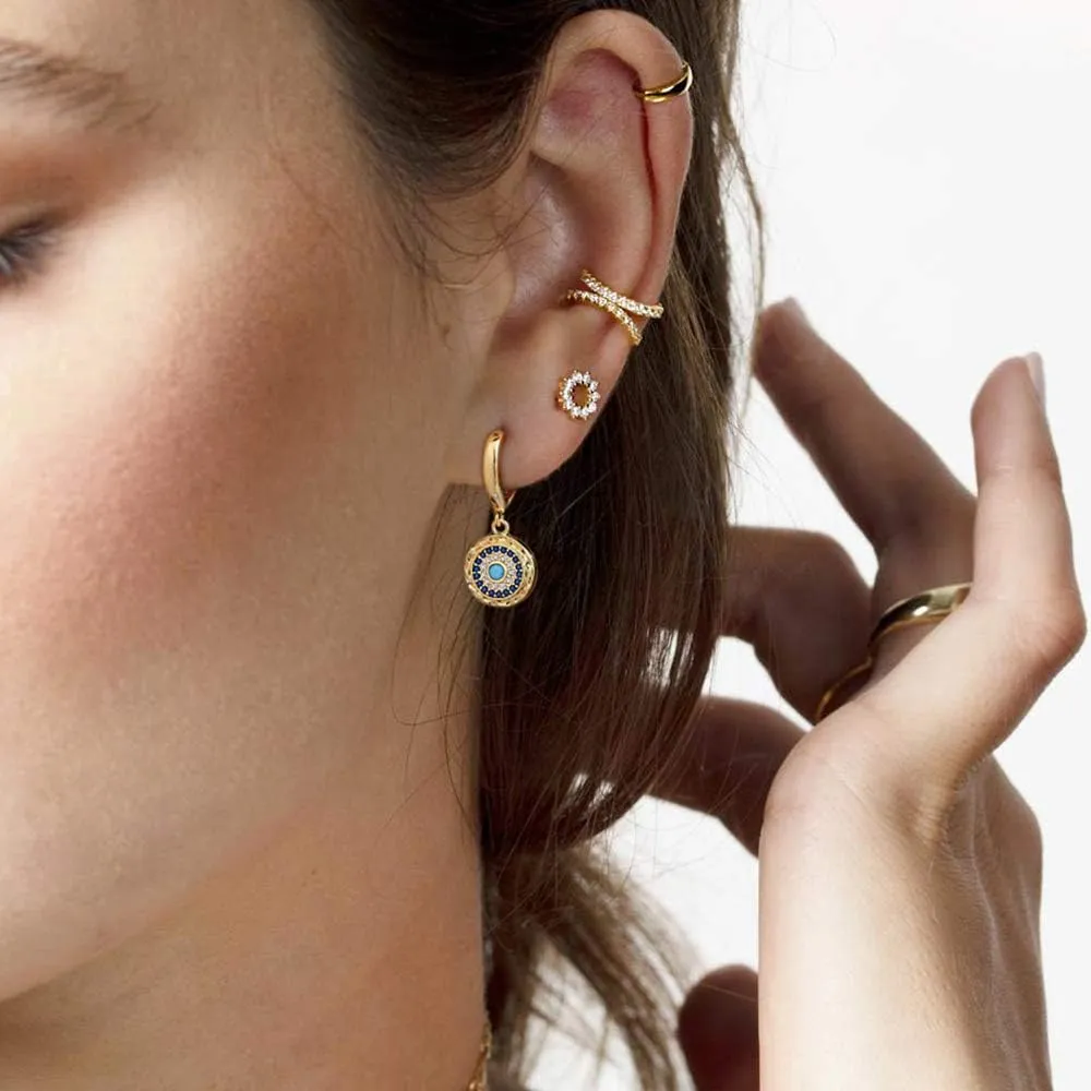 Trendy 18k Gold Huggie Hoop Earrings CZ Evil Eye Face Charm Dangle Earrings Aesthetic Dainty Simple Earrings