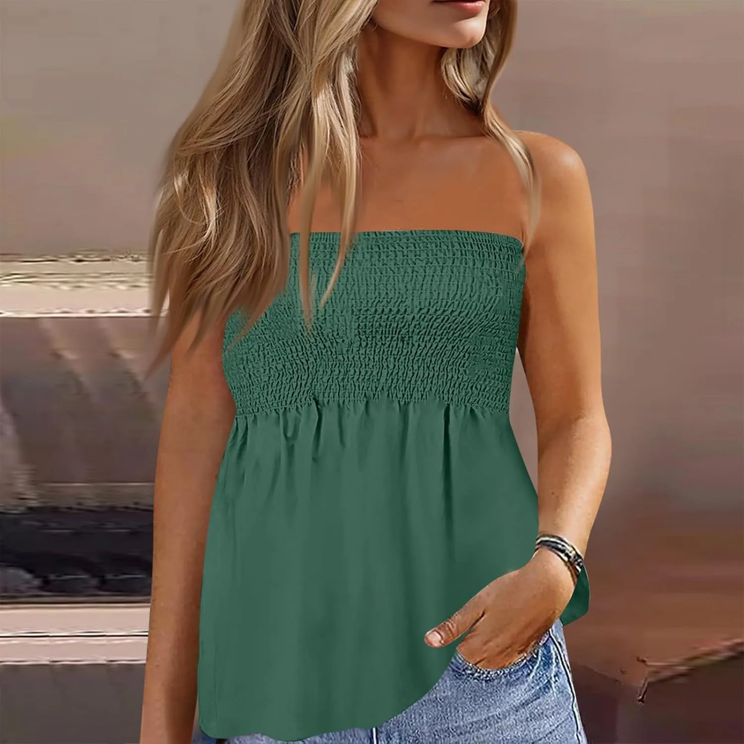 Tube Tops Women Elastic Trim Strapless Shirts Summer Casual Bandeau Tank Off The Shoulder Top Going Out Tunic