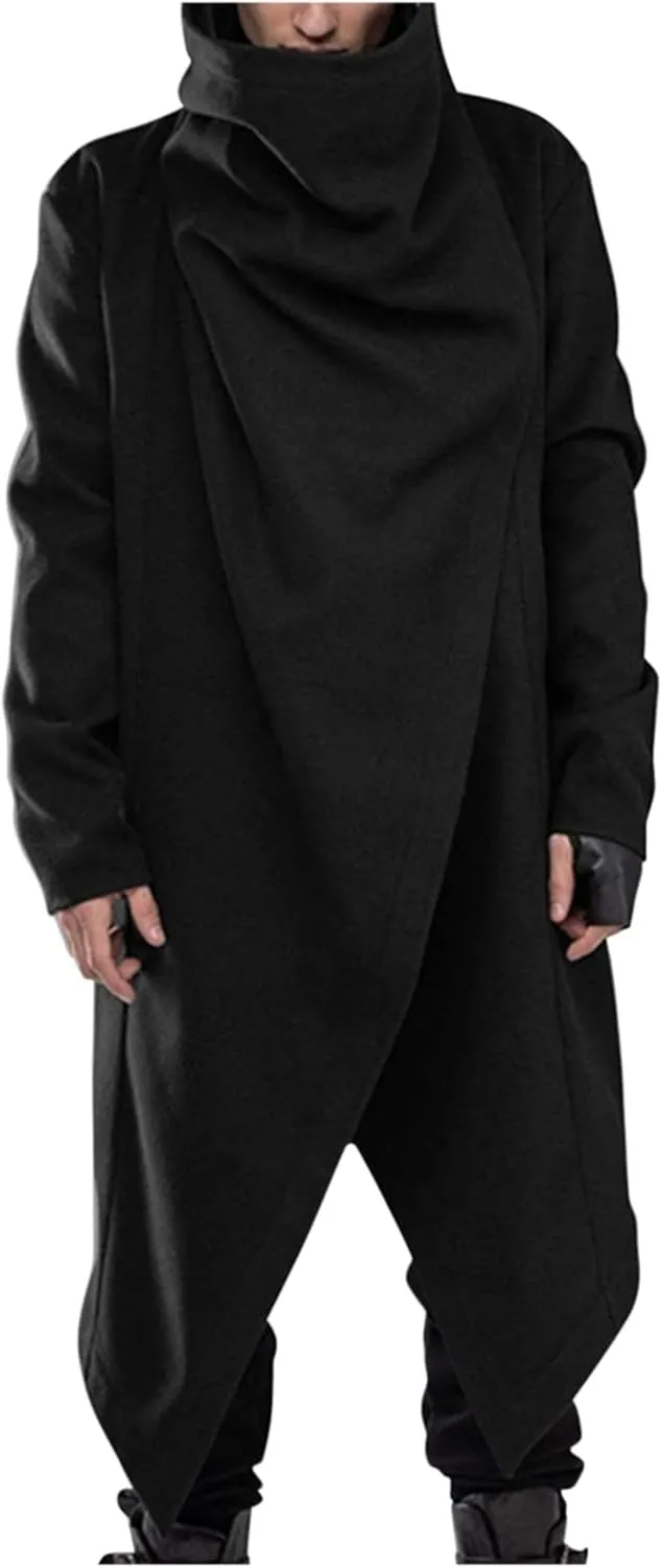 TUQIDEWU Mens Hoodies, Long Hooded Cardigan Men Ruffle Shawl Collar Open Front Lightweight Drape Cape Overcoat Hoodies