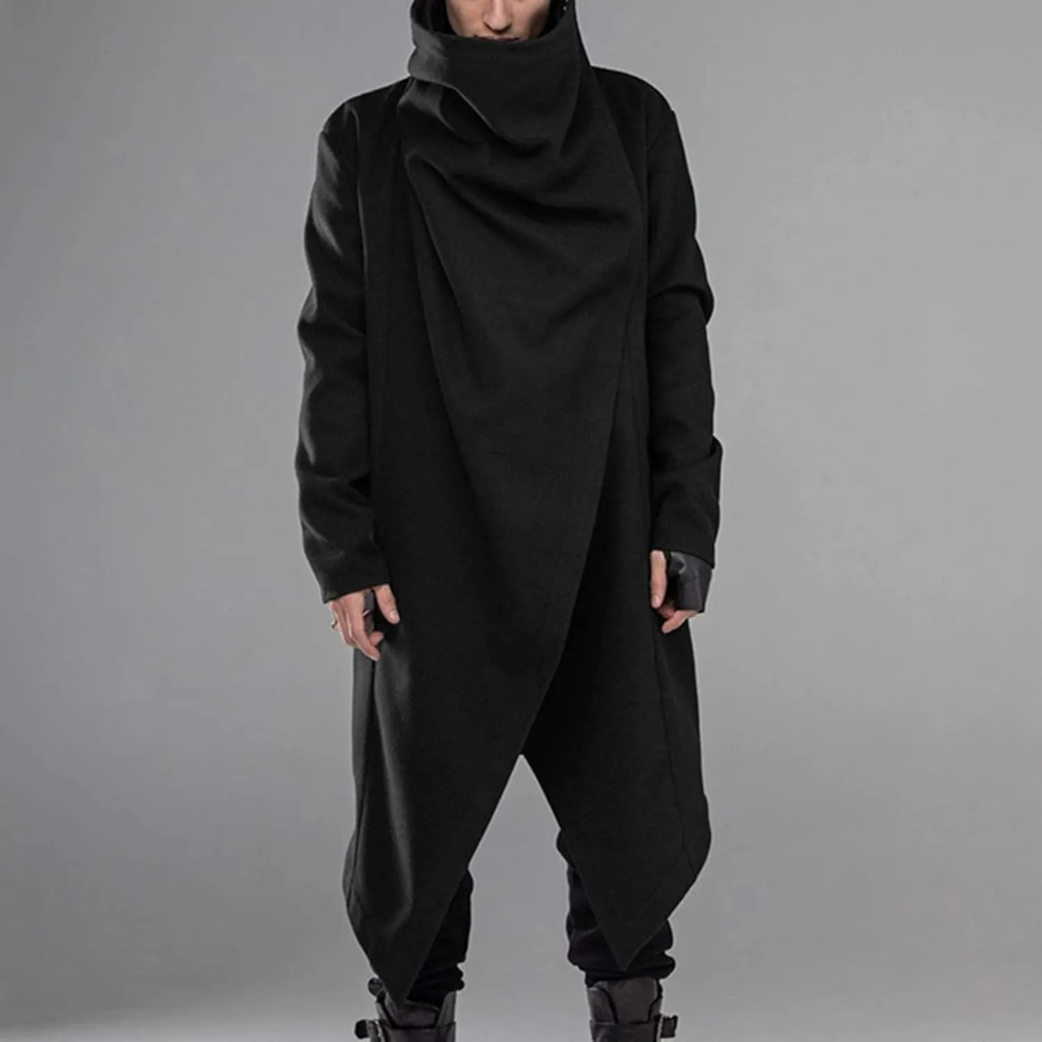 TUQIDEWU Mens Hoodies, Long Hooded Cardigan Men Ruffle Shawl Collar Open Front Lightweight Drape Cape Overcoat Hoodies