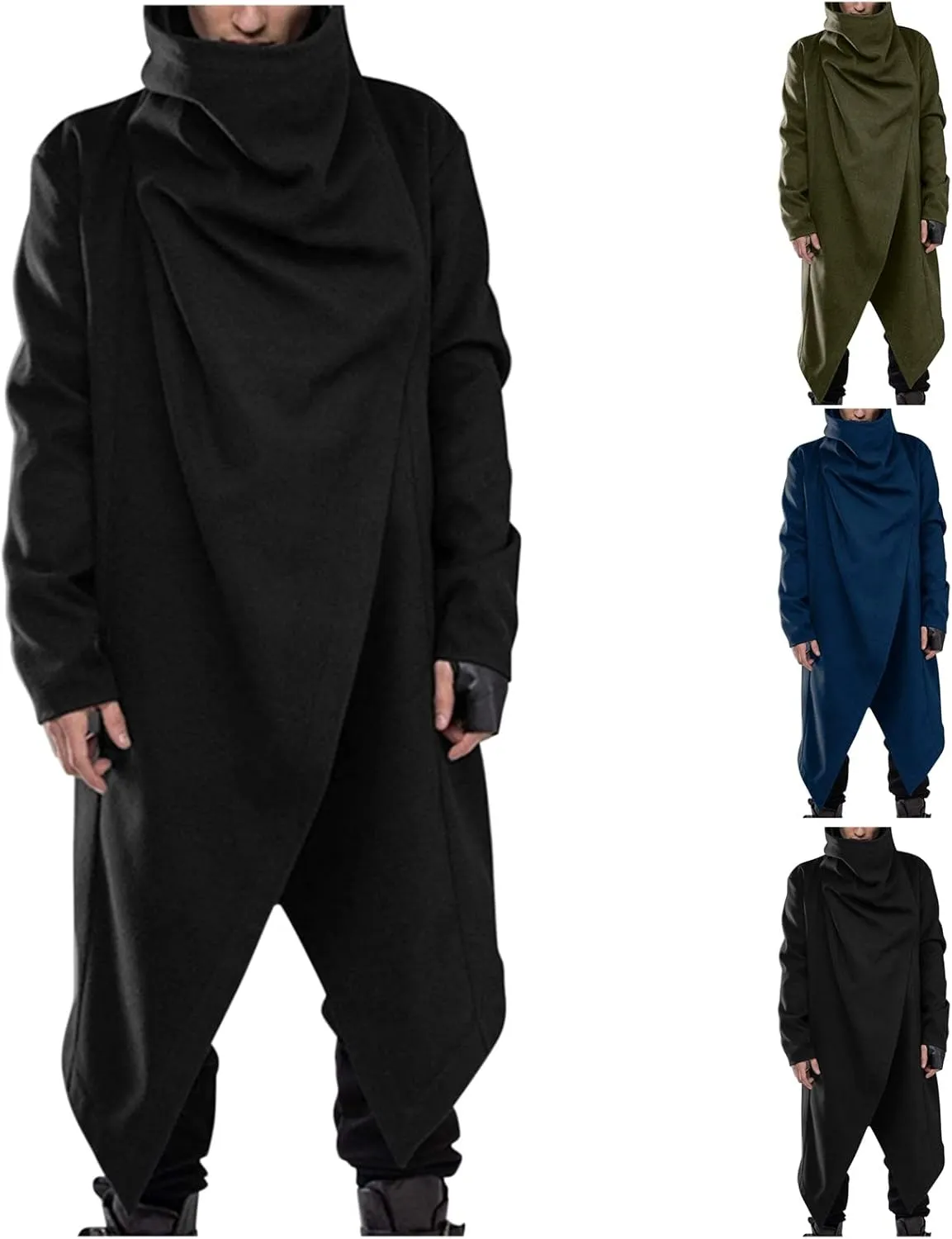 TUQIDEWU Mens Hoodies, Long Hooded Cardigan Men Ruffle Shawl Collar Open Front Lightweight Drape Cape Overcoat Hoodies