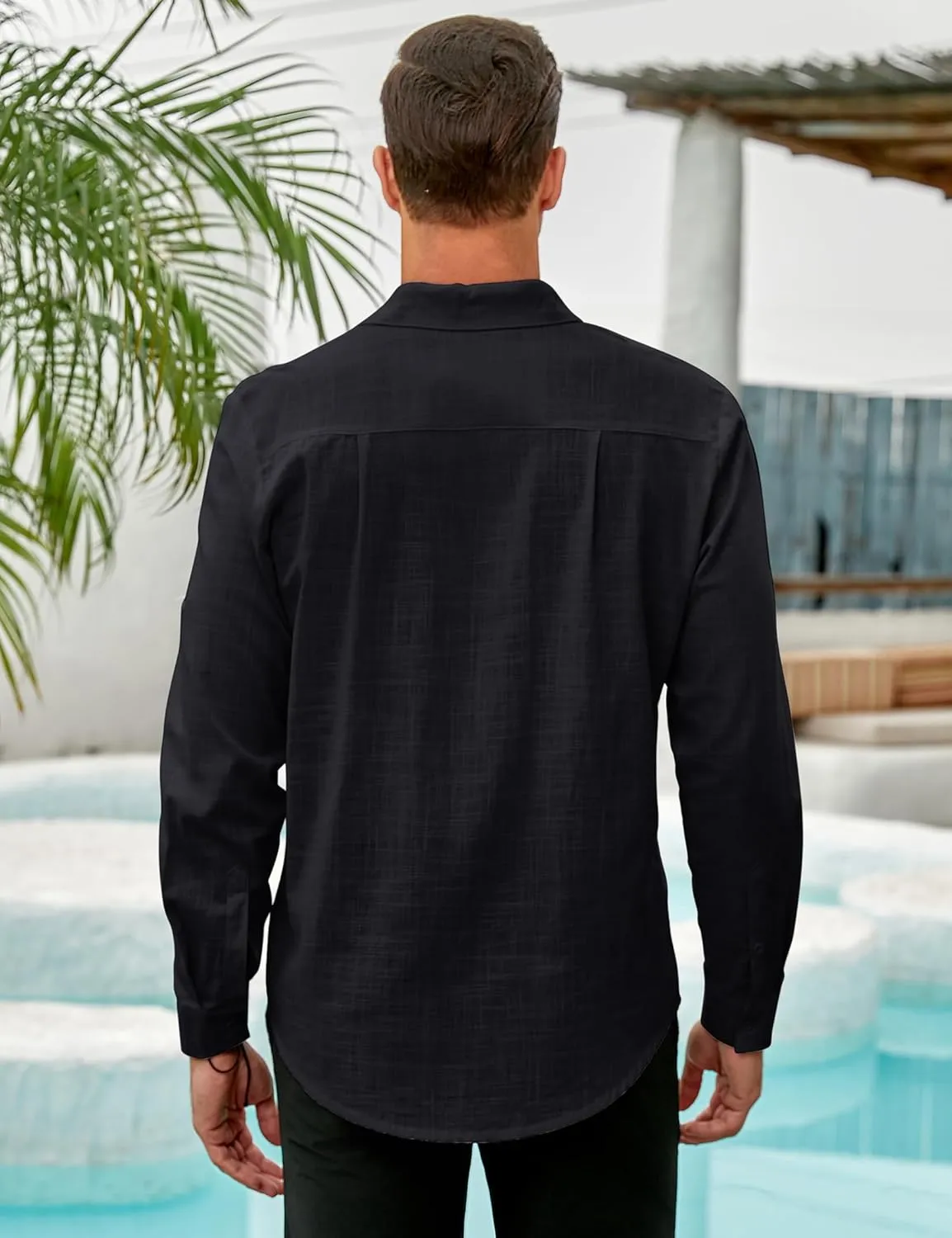 TURETRENDY Mens Button Down Linen Shirts Casual Long Sleeve Dress Shirts Regular Fit Cotton Beach Yoga Shirts with Pocket