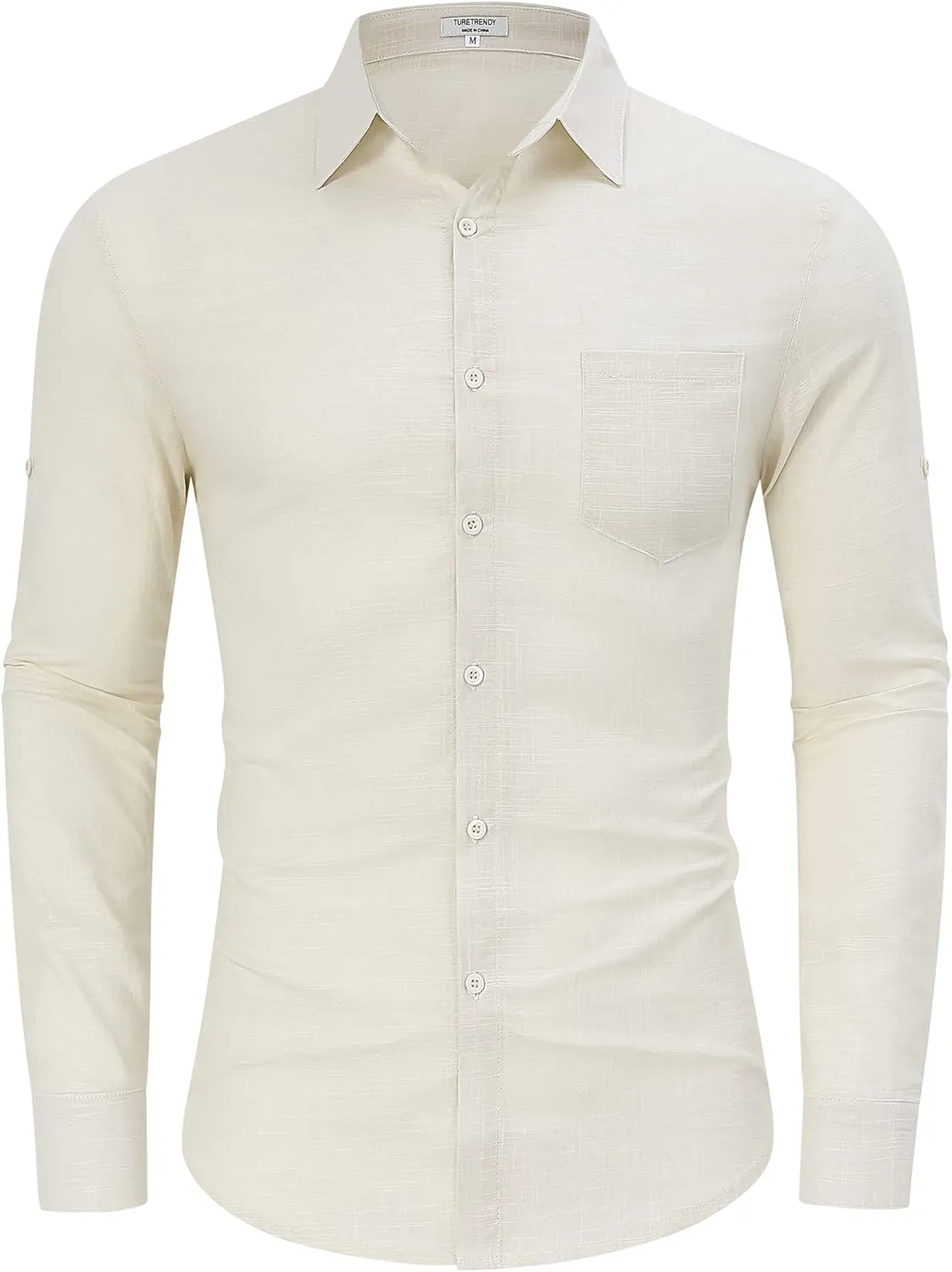 TURETRENDY Mens Button Down Linen Shirts Casual Long Sleeve Dress Shirts Regular Fit Cotton Beach Yoga Shirts with Pocket